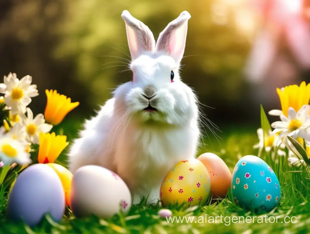 Easter bunny in full growth on a lawn with flowers, sunny, pastel colors, Easter eggs, realistic photo, exposure 500