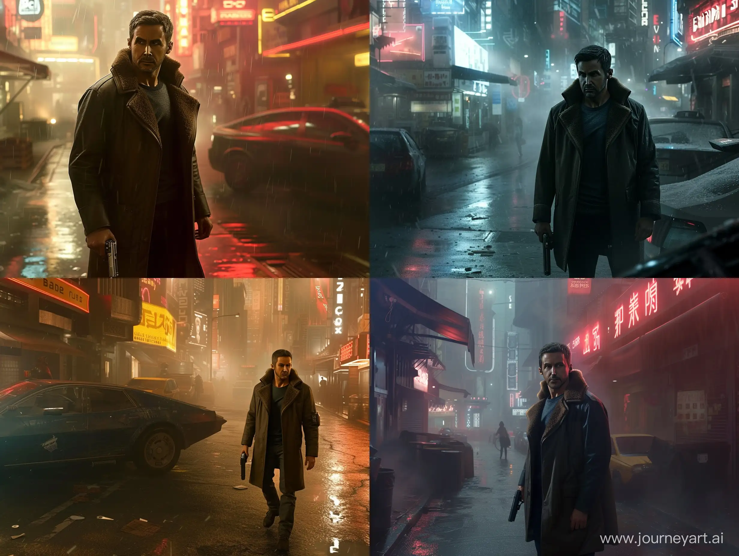 "Blade Runner 2049" is a third-person video game set in a futuristic urban environment with advanced ray tracing visuals. Developed specifically for the PS5 system, this version of the game features Ryan Gosling as the protagonist standing on a street, armed with a pistol, and an expansive open-world environment powered by the Unreal Engine, all set in the nighttime.

