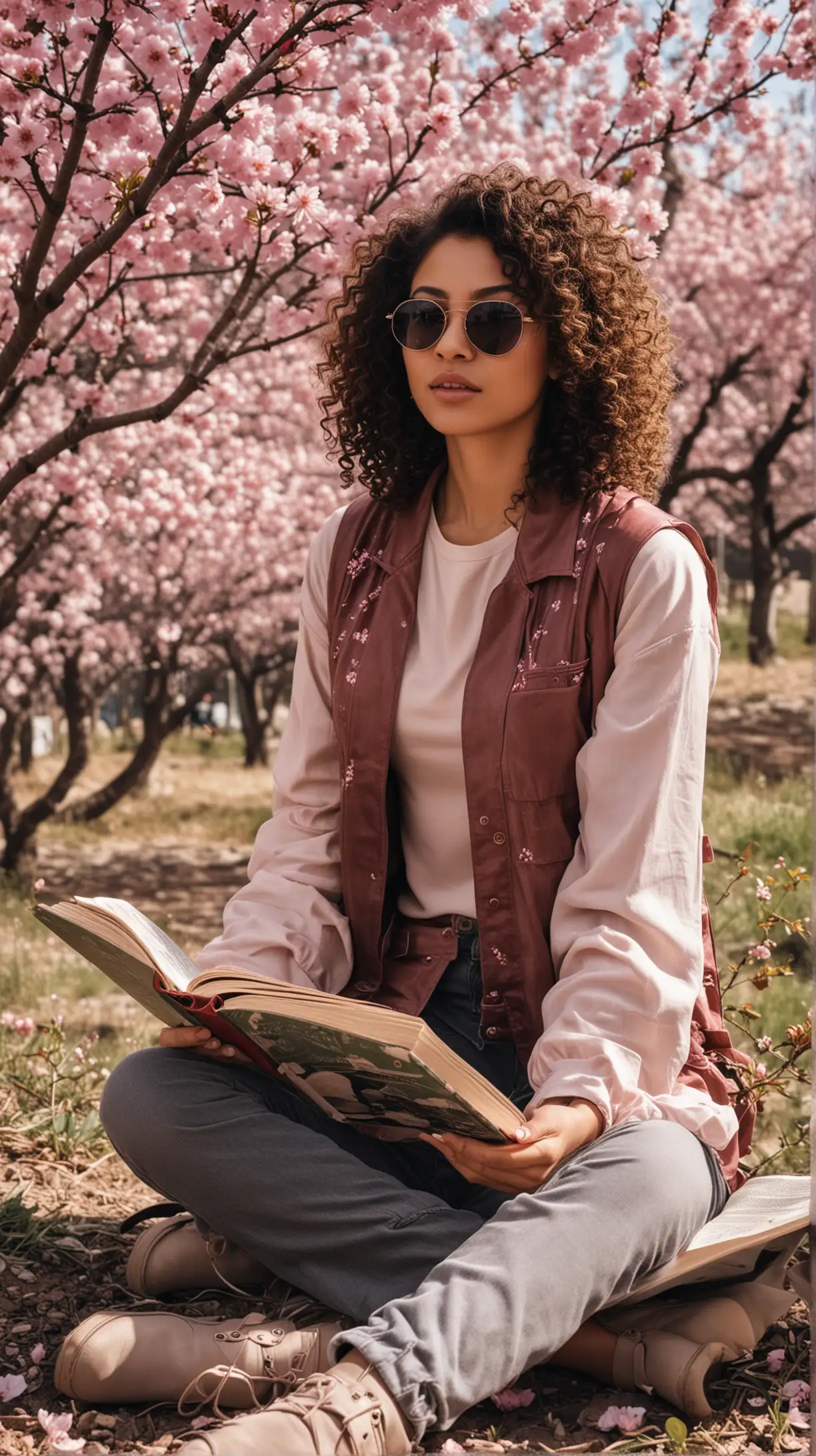 diverse girl, curly hair, wearing sunglasses sitting under a cherry blossom tree, reading books, in wasteland background, wearing trinity from the matrix outfit

