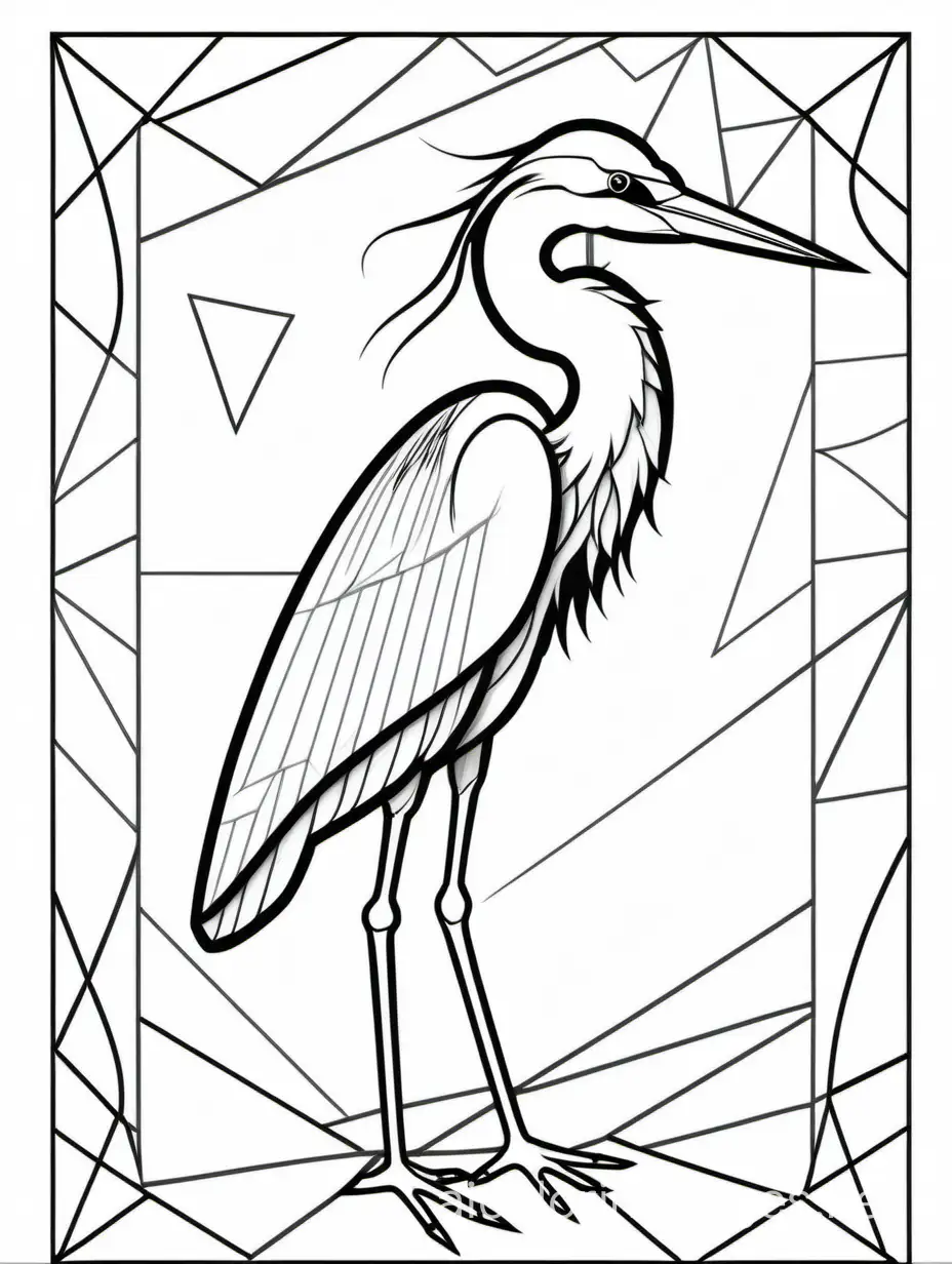 Heron bird in geometrical shapes, black and white for coloring book, Coloring Page, black and white, line art, white background, Simplicity, Ample White Space. The background of the coloring page is plain white to make it easy for young children to color within the lines. The outlines of all the subjects are easy to distinguish, making it simple for kids to color without too much difficulty