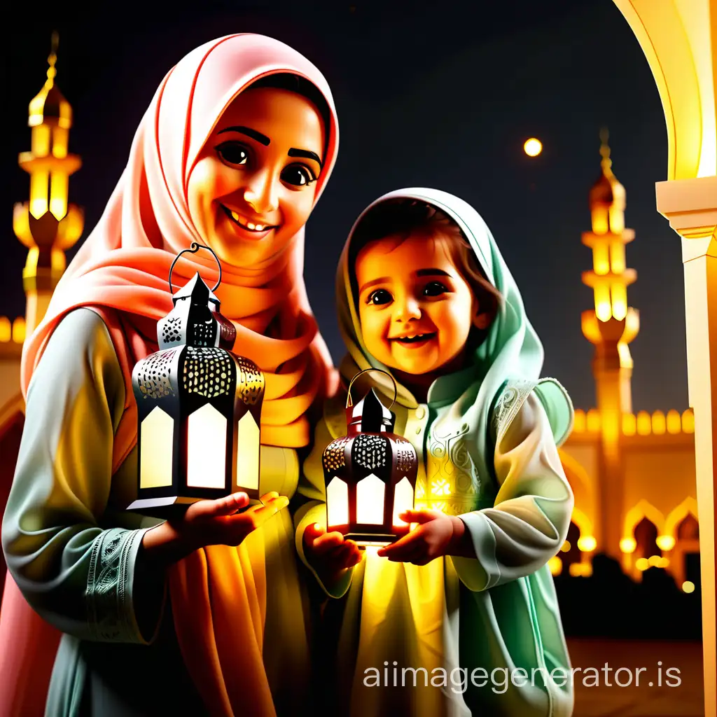 mother and baby girl holding Ramadan lantern