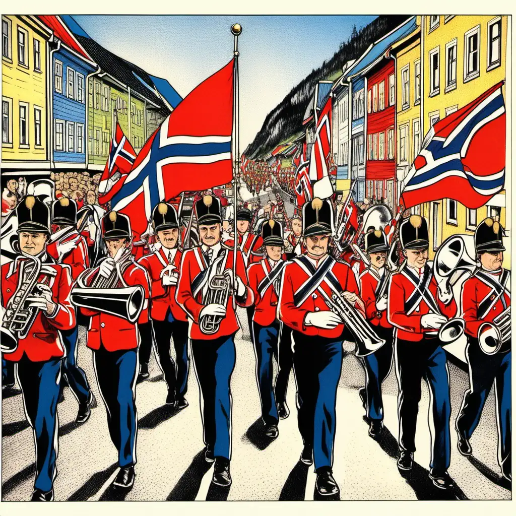 17th of may celebration in norway, norwegian flag, Marching band in a parade in the streets, album cover, fine liner ink