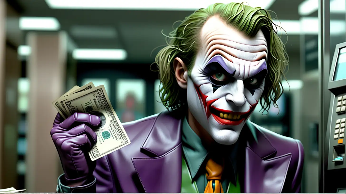 The Joker from the movie robbing a bank , fine detail.