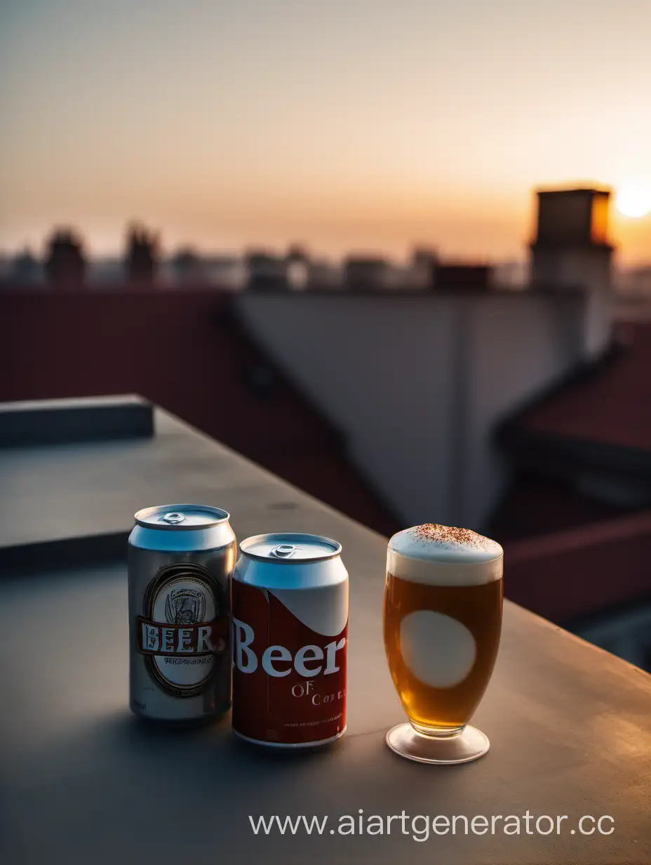 Банка пива и стаканчик капучино на крыше здание, освещенные рассветом