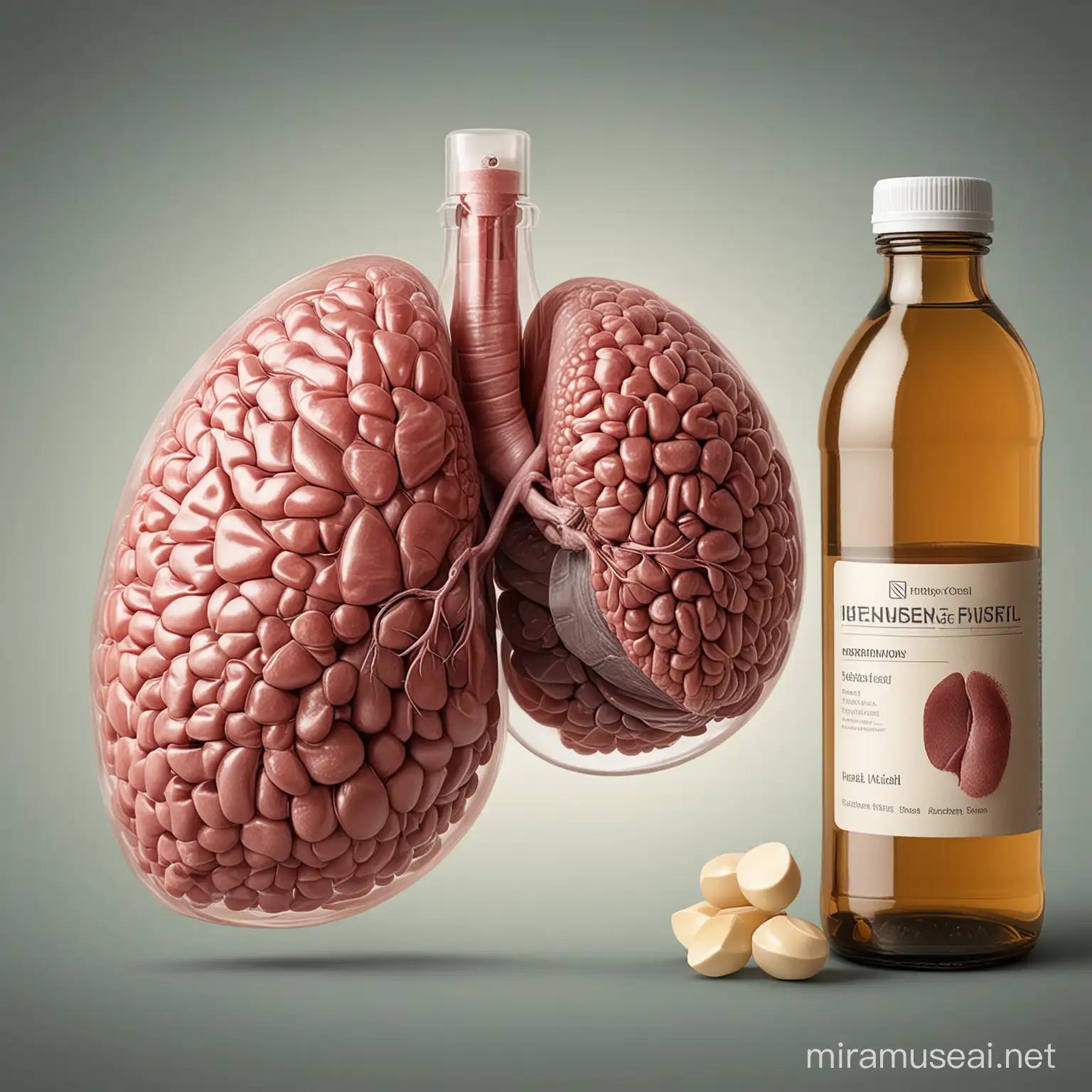 A detailed medical illustration showing the internal organs of the abdomen. The liver is prominently featured and appears healthy and intact. Surrounding the liver is a translucent shield or guard for protective purposes. Nearby is an empty glass bottle on its side labeled with the name of a nutraceutical product claimed to support liver function and health. The image should have a calm, professional and factual tone befitting medical illustration.