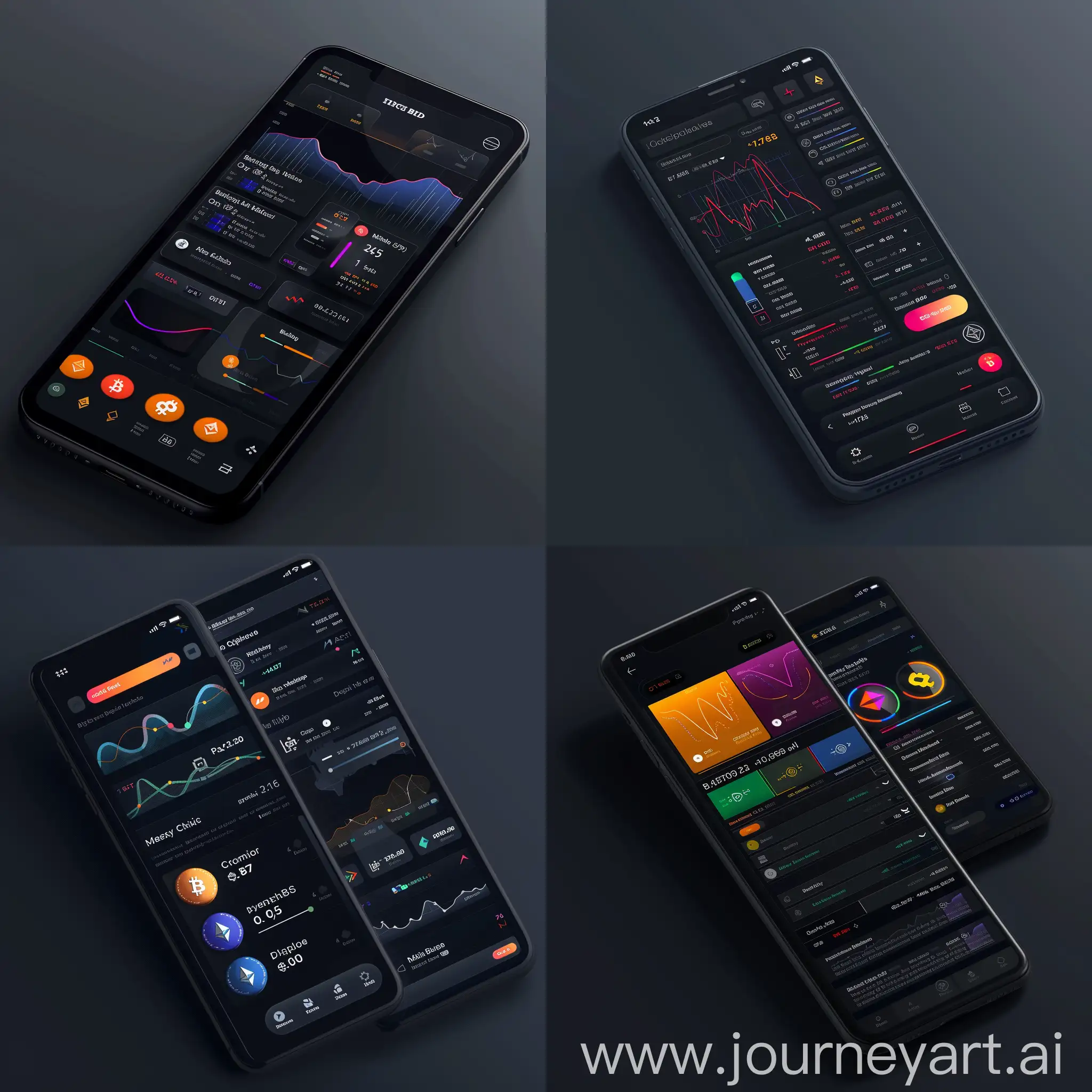 the design of a mobile multicurrency crypto wallet, dark colors