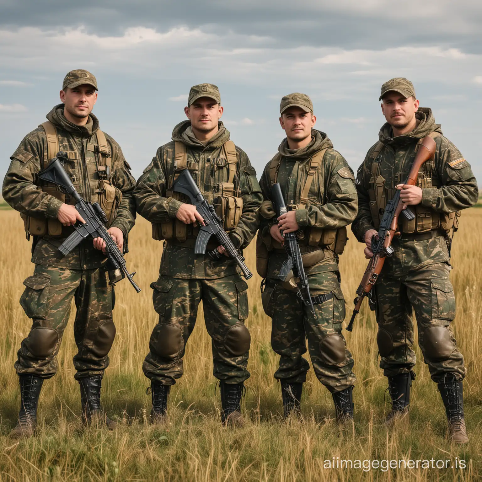 четыре охотника в полный рост. на фоне поля. в руках оружие и пиво. одеты в камуфляжные костюмы. 