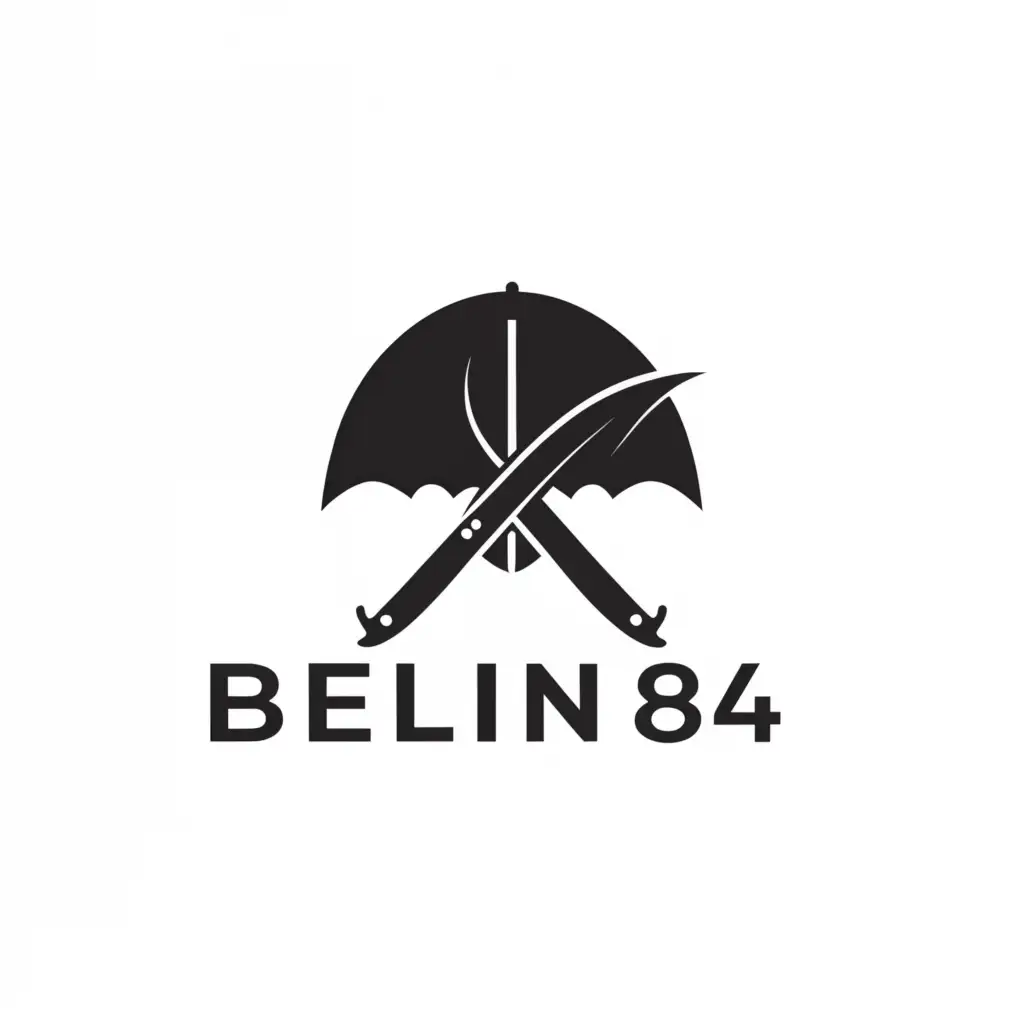 a logo design,with the text "BELIN84", main symbol:minimal crossed black knife and black umbrella on white background,Minimalistic,clear background