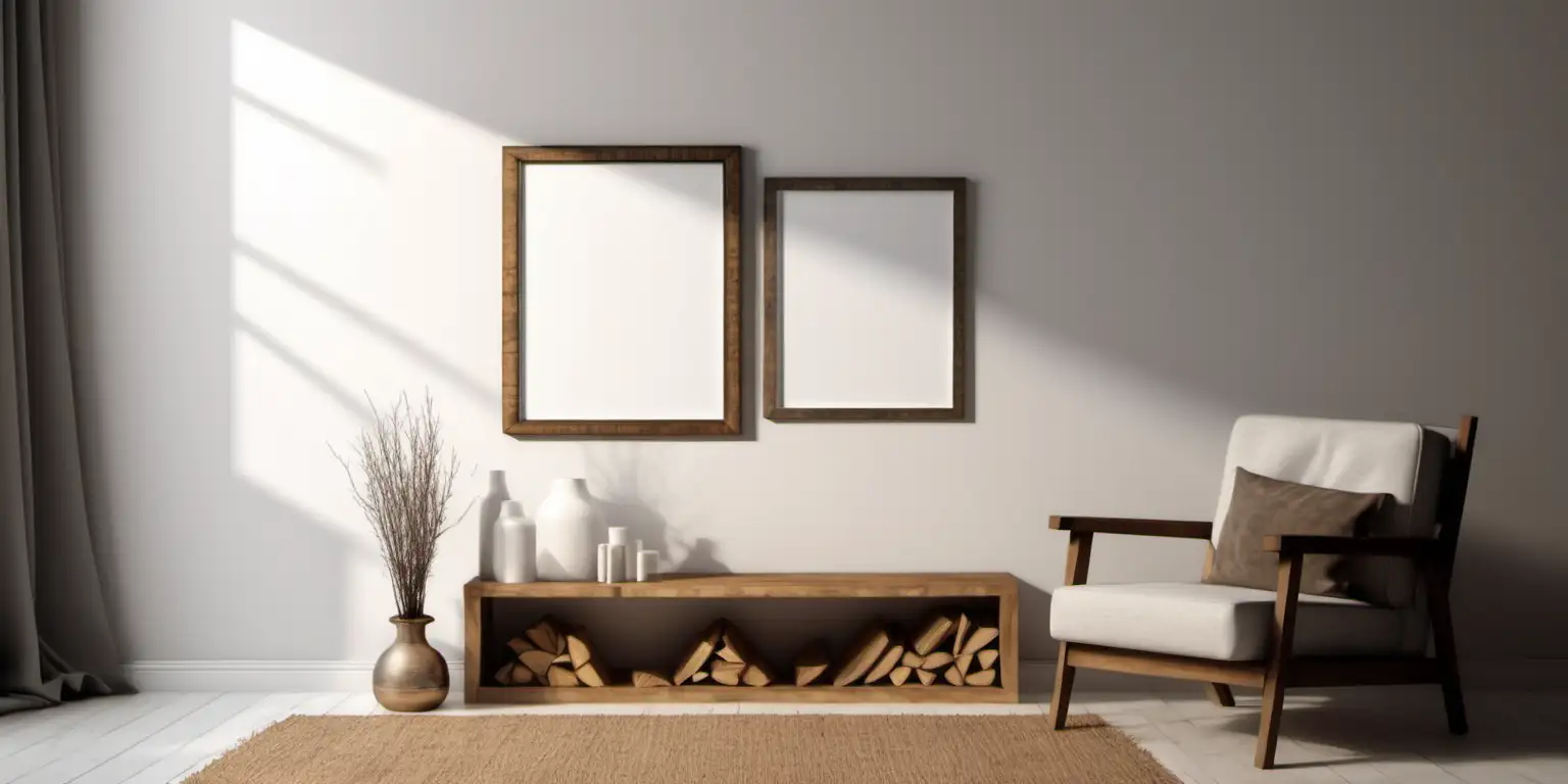 wooden poster white blank frame mockup, reflection, shadow overlay, cozy living room, farmhouse stlyle, warm room, 4K, exclude random objects,