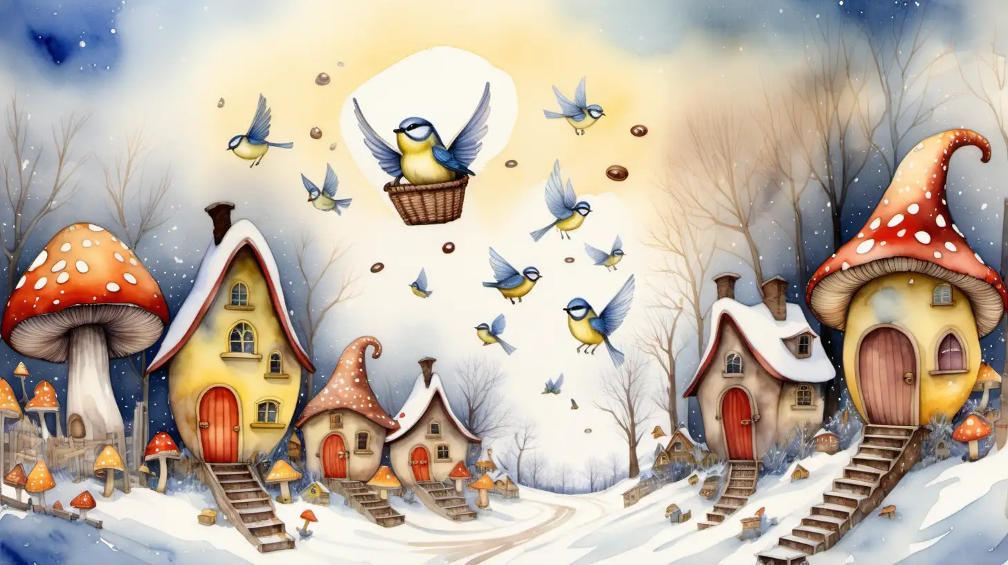 Enchanting Watercolor Illustration Bluetits and Pixie Town in Winter Sky