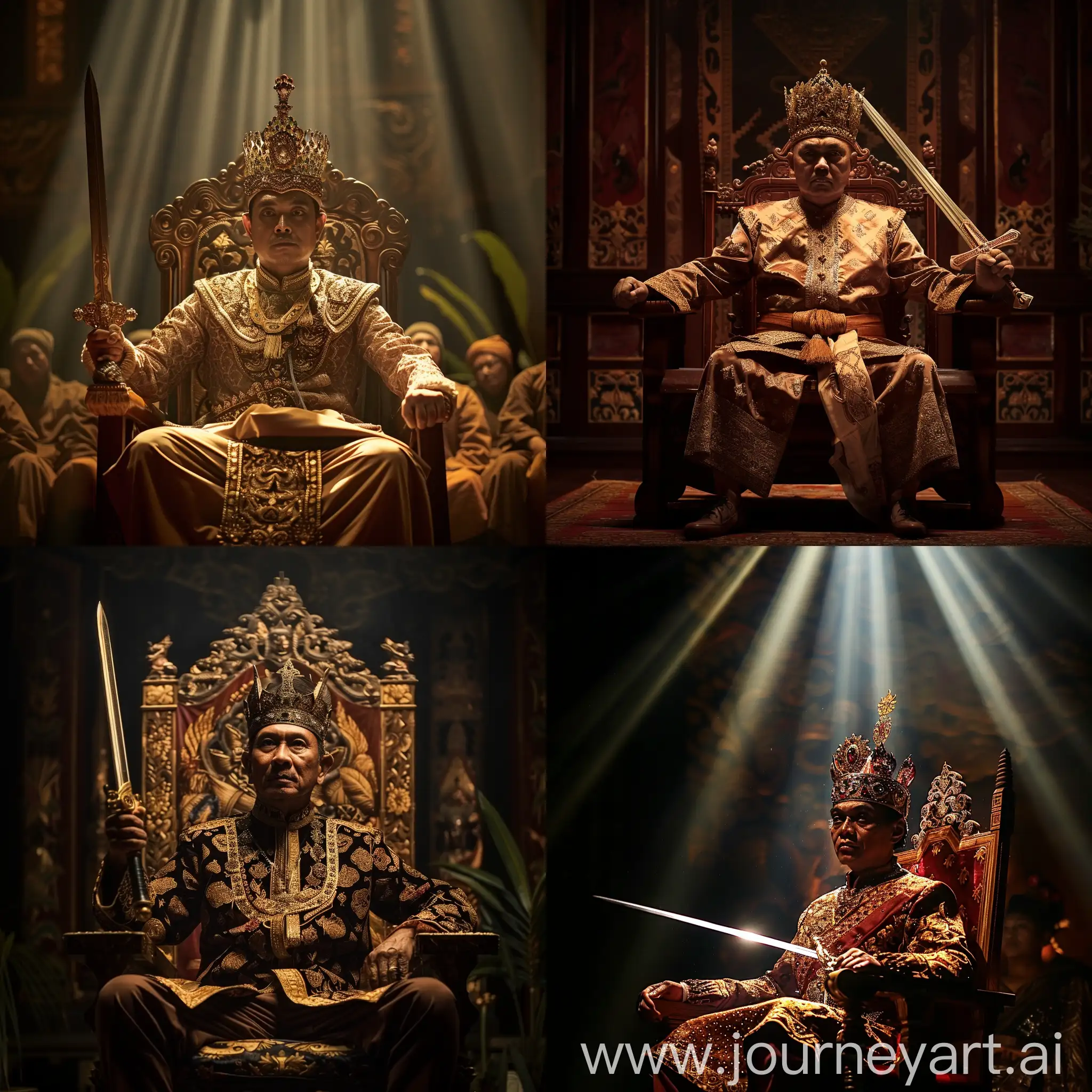 cinematic image, an Indonesian Majapahit king, sitting in a royal chair, front seat from the audience, holding a sword, cinematic lighting