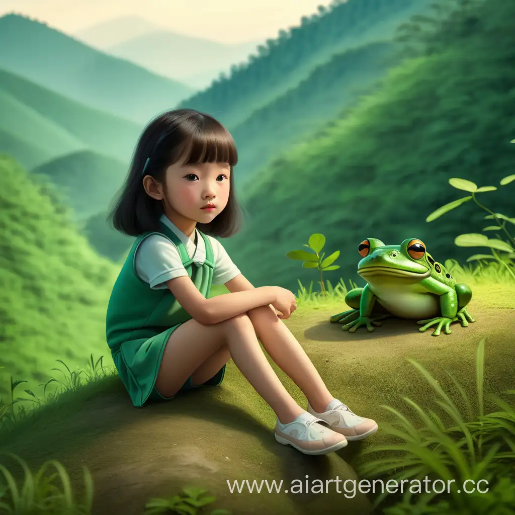 китайская девочка 6 лет сидит на зеленом холме со старой жабой на фоне дремучего леса