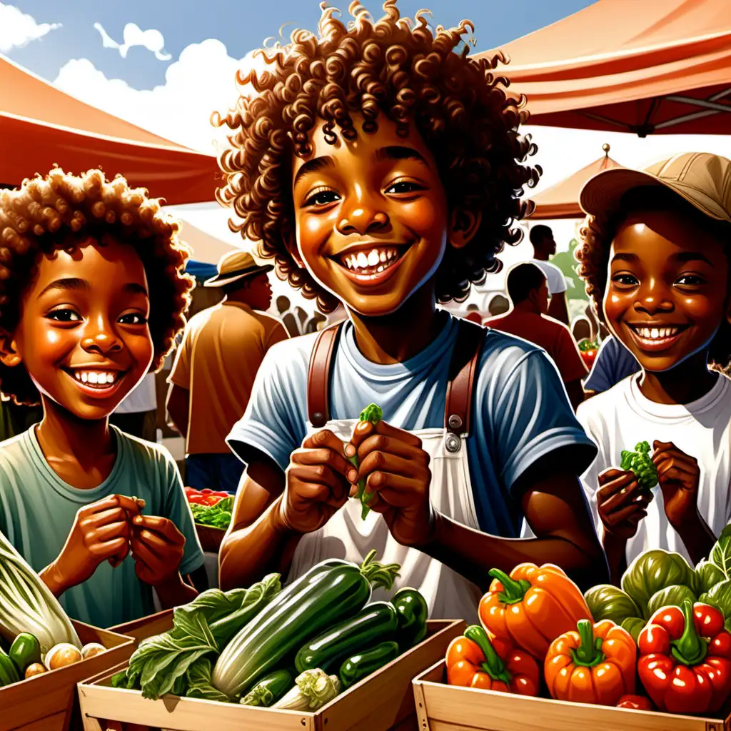 cartoon ernie barnes style african american 10 year old boy with curly hair smiling eating vegetables with friends at the farmer's market 
