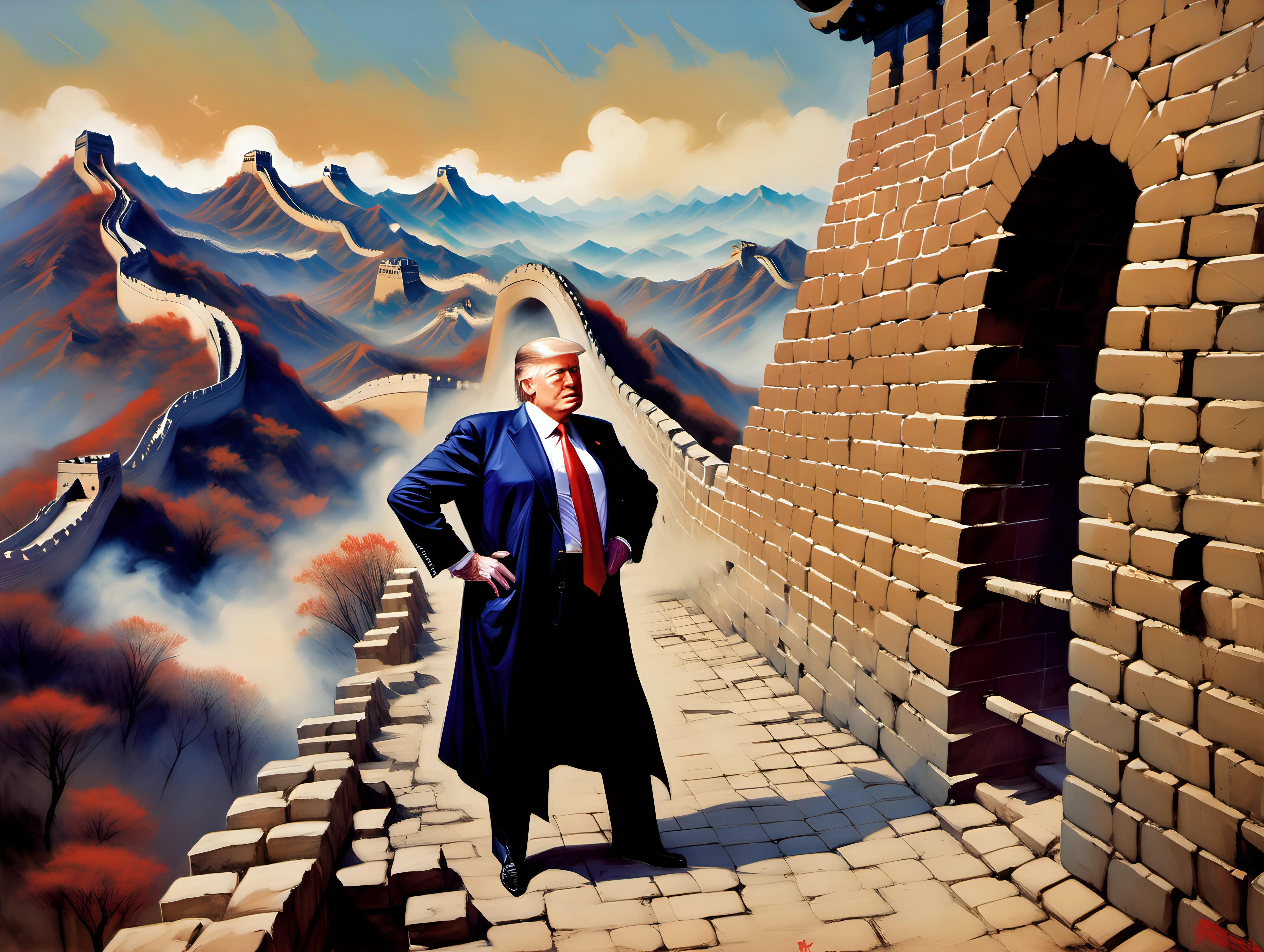 Donald Trump supervising the building of the Great Wall of China Frank Frazetta style