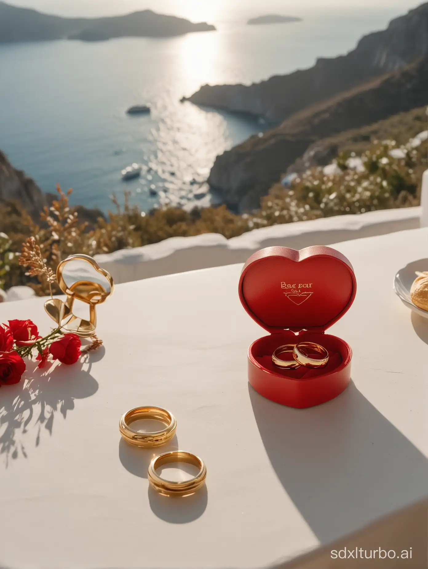 super focus 1 red heart-shaped ring box inside a pair of gold rings, on a breakfast table and in the background a beautiful landscape of the ocean of the Greek islands, cinematic, 50mm lens