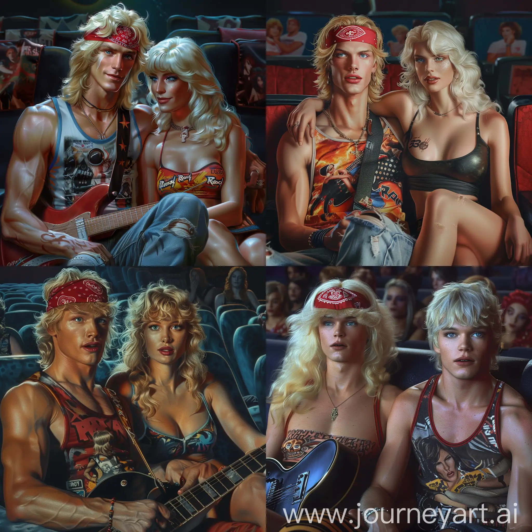 A 25 year old man in the 80s with blonde mullet hair and blue eyes with a red bandana on his head, wearing a tank top with a guitar and hard rock print, sitting on a couch with his white girlfriend who has a blonde mullet hair and blue eyes, with beautiful curves and Hard Rock clothes, watching a movie in the cinema in a photorealistic style.