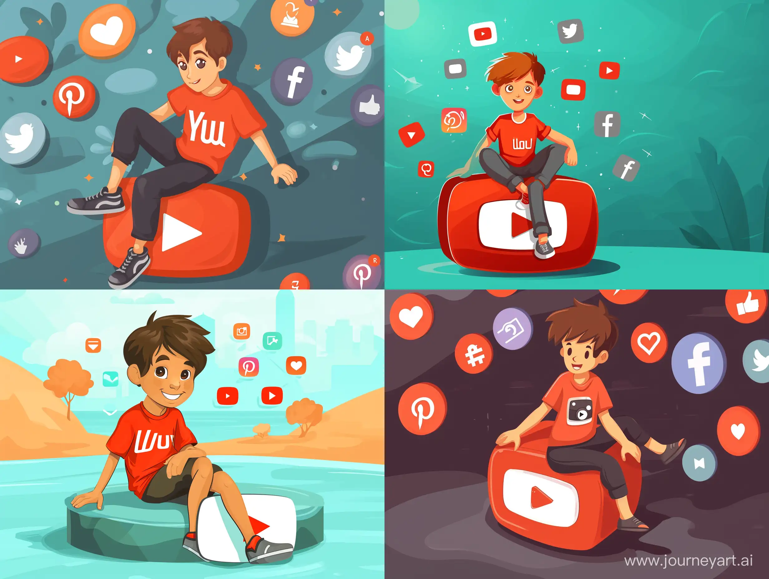 A Handsome 20 Years Old Cartoon Boy Sit On The Youtube Icon And Show Beautiful Icons Of Social Application In Background 