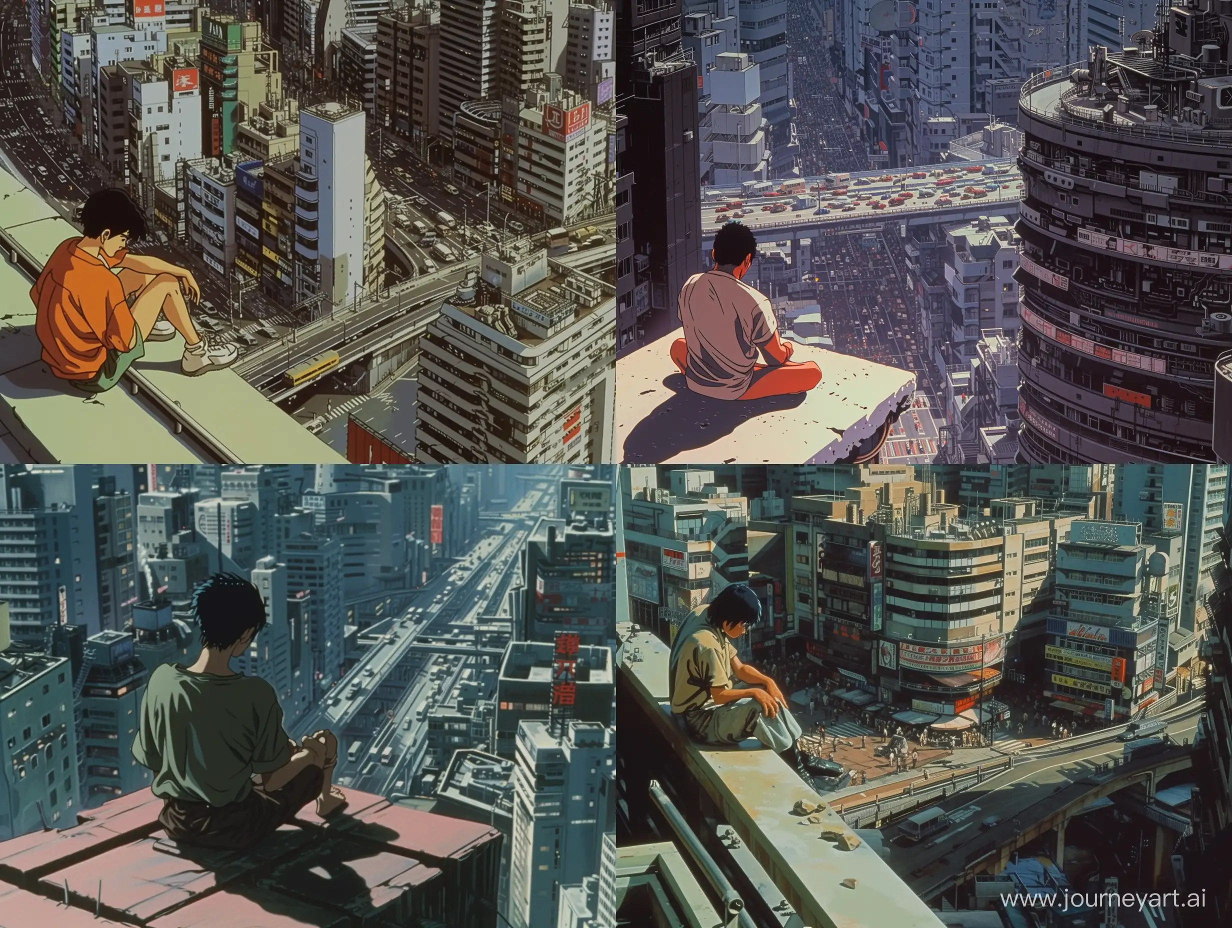 a old 90s cartoon still of a busy futuristic city, nostalgia, anime, akira 1988 still, full view, outside city environment, dystopian, a cyberpunk man sitting on the high ground of a rooftop, visuals, film, day time,
