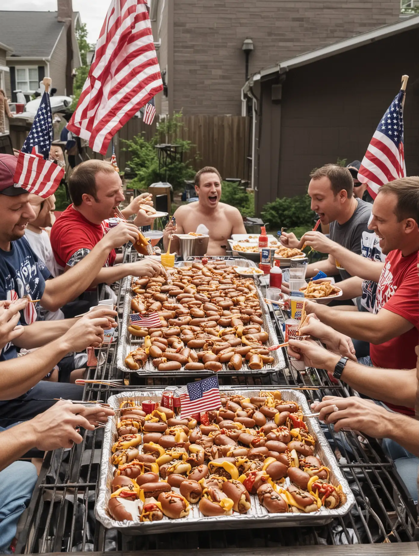 Joey Chestnut at a 4th of july backyard
 BBQ party eating hot dogs with his friends
