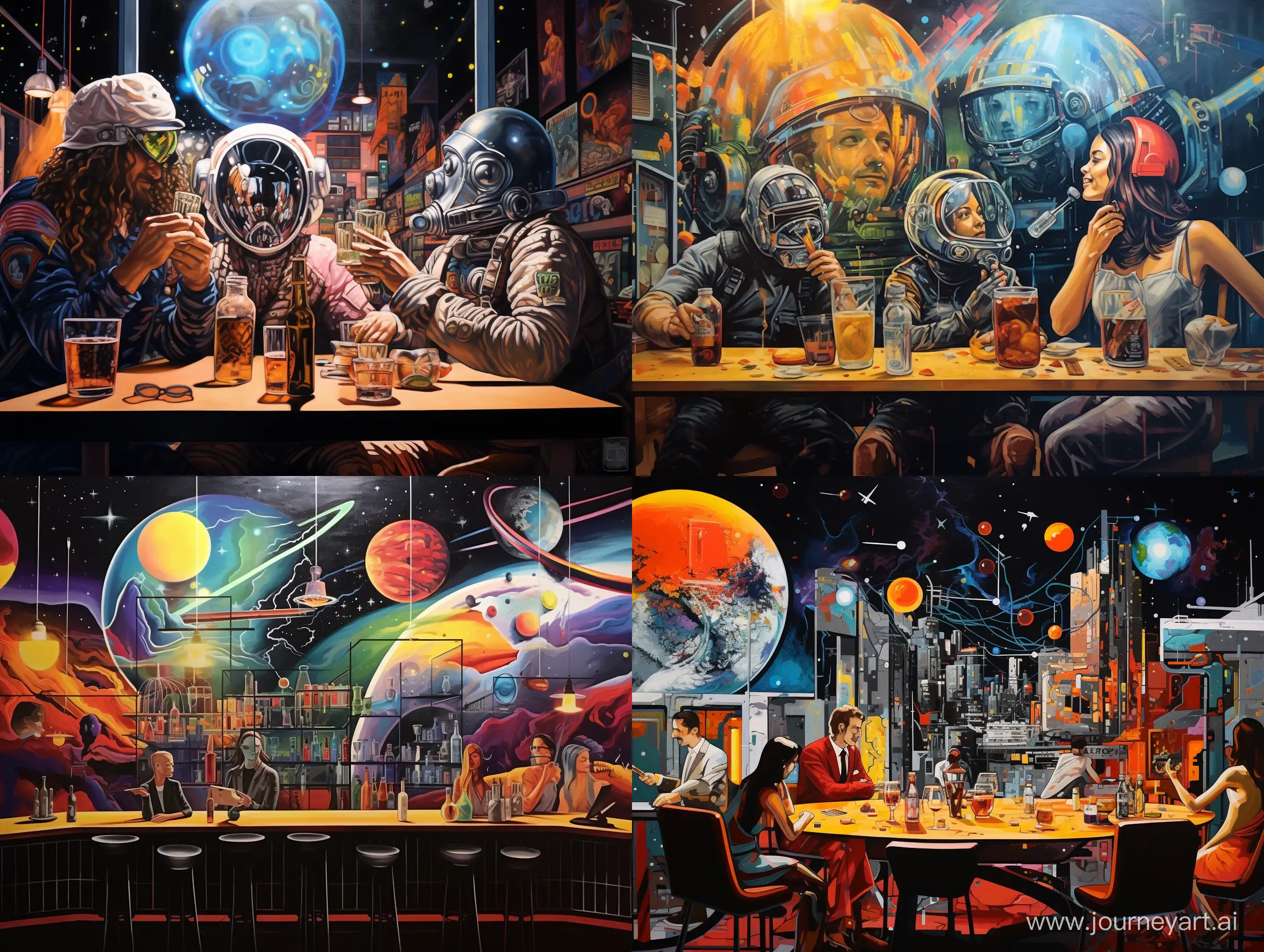 futurism, graffiti, bar, men and women, drink beer, space, planet, stardown