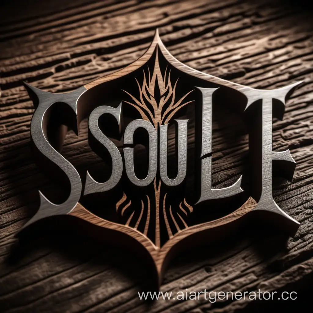 Логотип компании Soul Cut, с элементами железных вырезанных деталей, на фоне редких пород дерева, края у железа горячие название тоже вырезанно
