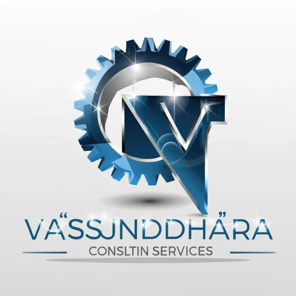 LOGO-Design-For-Vasundhara-Consulting-Services-Sleek-Metallic-Blue-3D-Letters-on-White-Background-with-Gear-Symbol