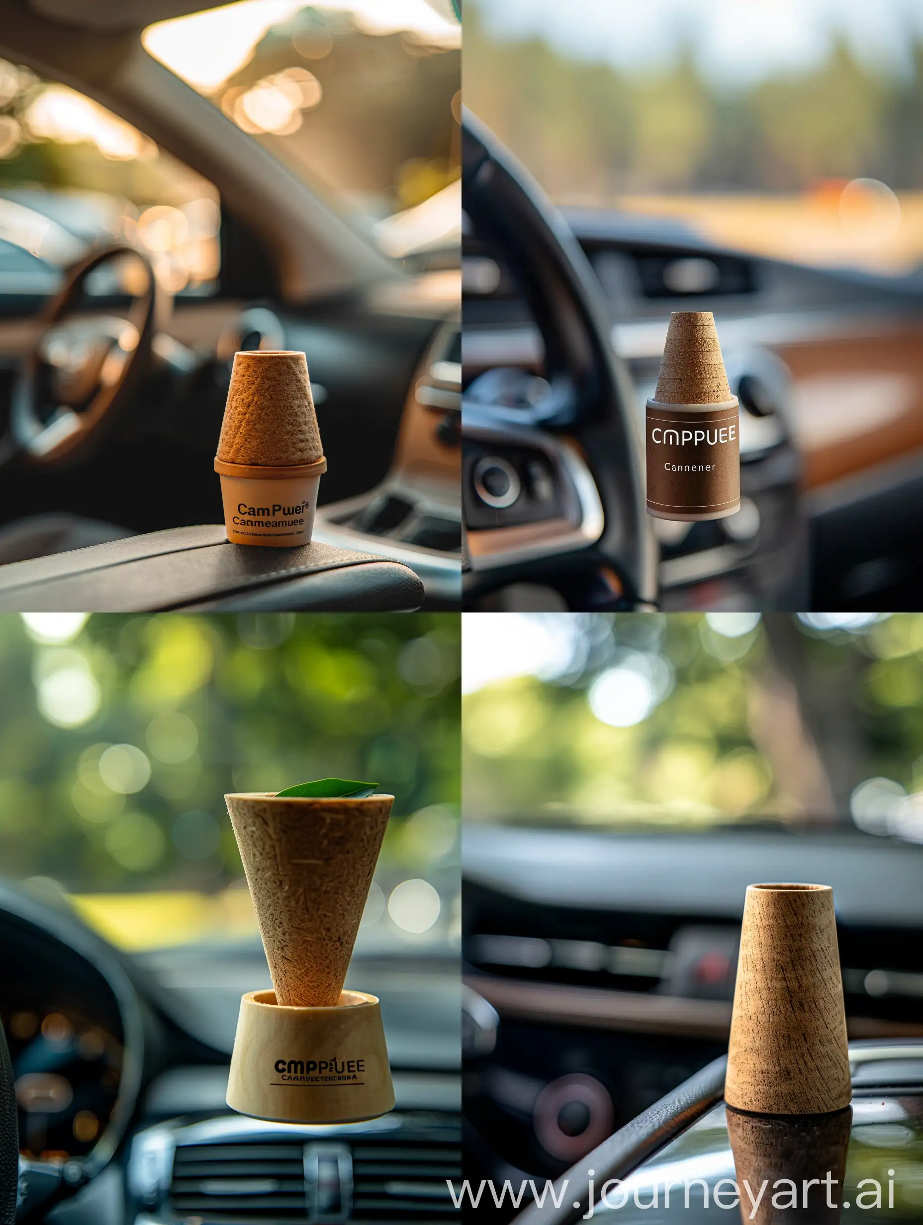 create a static image featuring our product, the CamPure Camphor Cone. As you may know, it's a natural car freshener, perfect for enhancing the ambiance of any vehicle while remaining entirely organic.