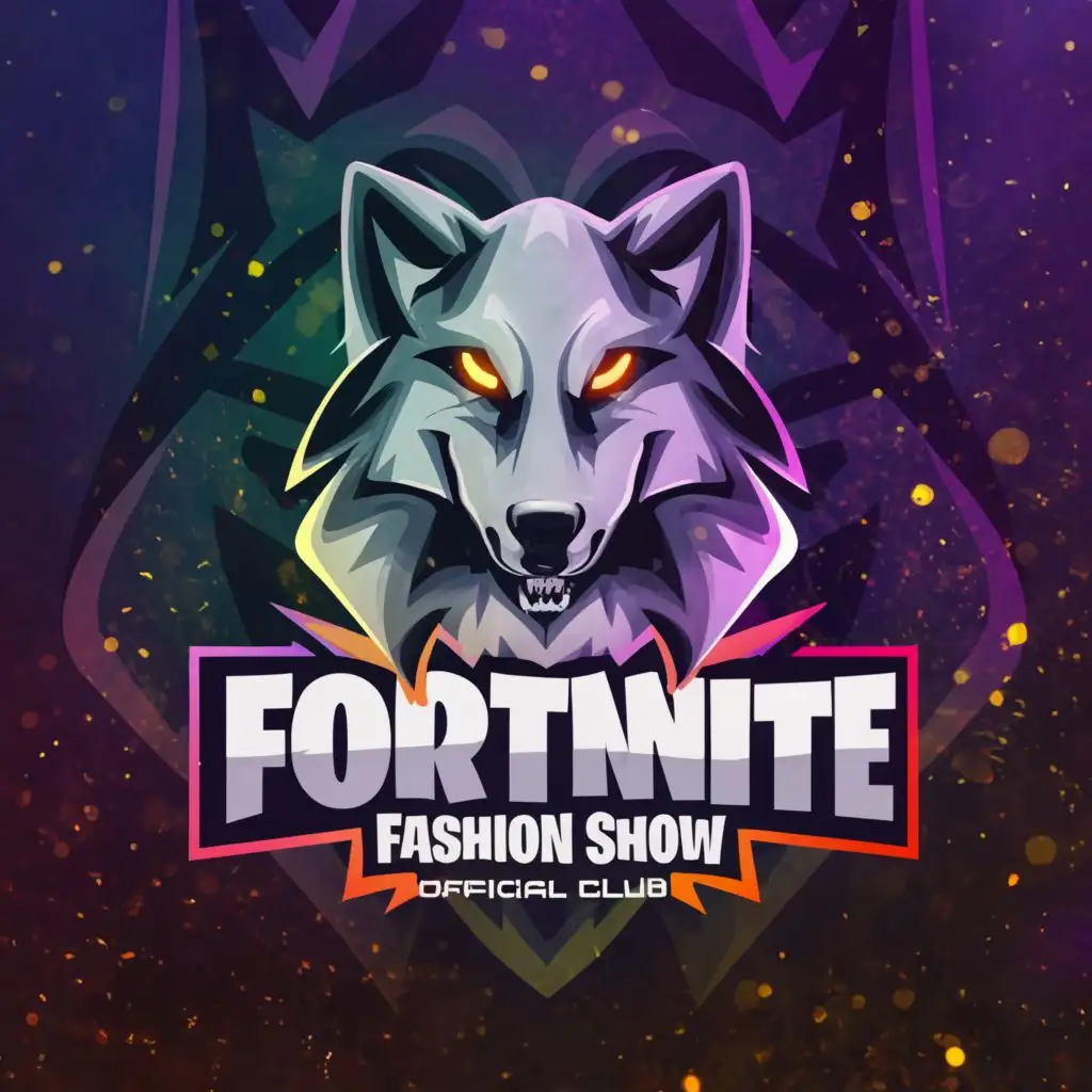 a logo design,with the text "FORTNITE FASHION SHOW OFFICIAL CLUB", main symbol:WOLF,complex,be used in Technology industry,clear background