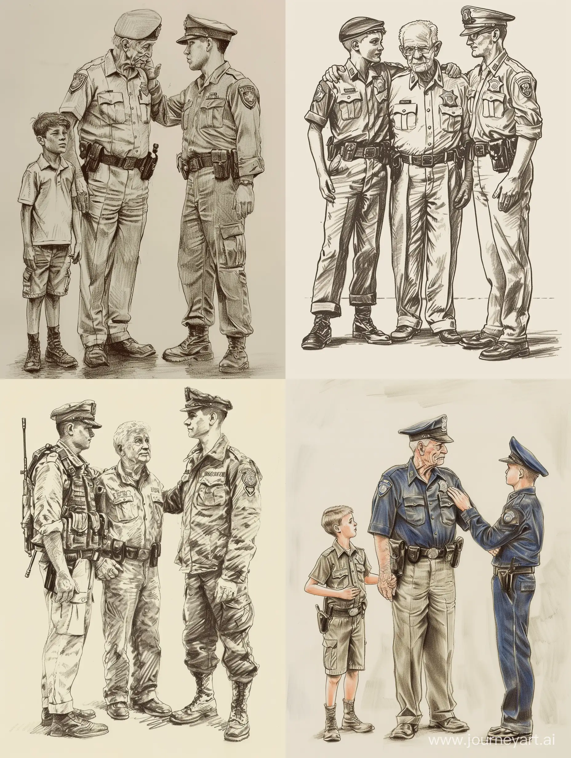 рисунок пожилой мужчина полицейский стоит рядом с мальчиком 9 лет и молодым военным офицером рядом, молодой офицер, положил руку на плечо пожилому полицейскому.