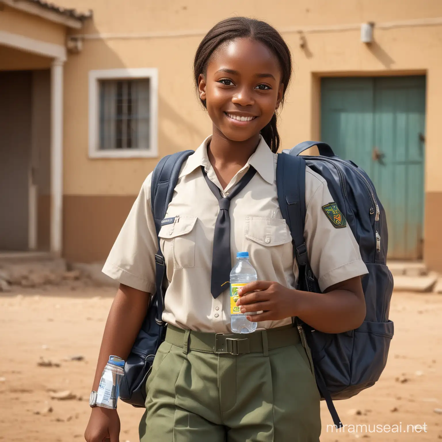 image realiste montrant une petite fille africaine allant bien habillé en uniforme, allant à l'école avec sa gourde d'eau et son sac au dos sur lequel il est ecrit "HML TRADE". le personnage doit donner l'impression d'etre heureux