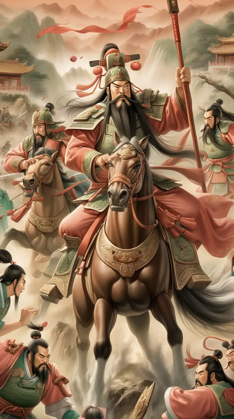 Images of Guan Yu , an ancient Chinese General fighting alongside his sworn brothers Liu Bei and Zhang Fei. A traditional painting depicting the 'Oath of the Peach Garden' would be ideal! Cinematic Format
