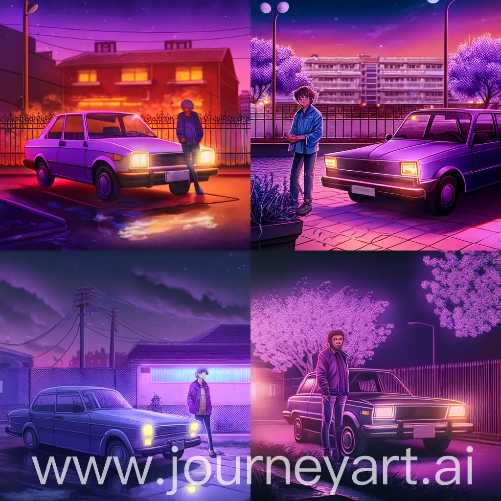 Realistic anime art;
Scene: Spring purple night in post-soviet city residental area. young gay stands near his 80's soviet sedan with plastic grille. Sedan has turned on headlights