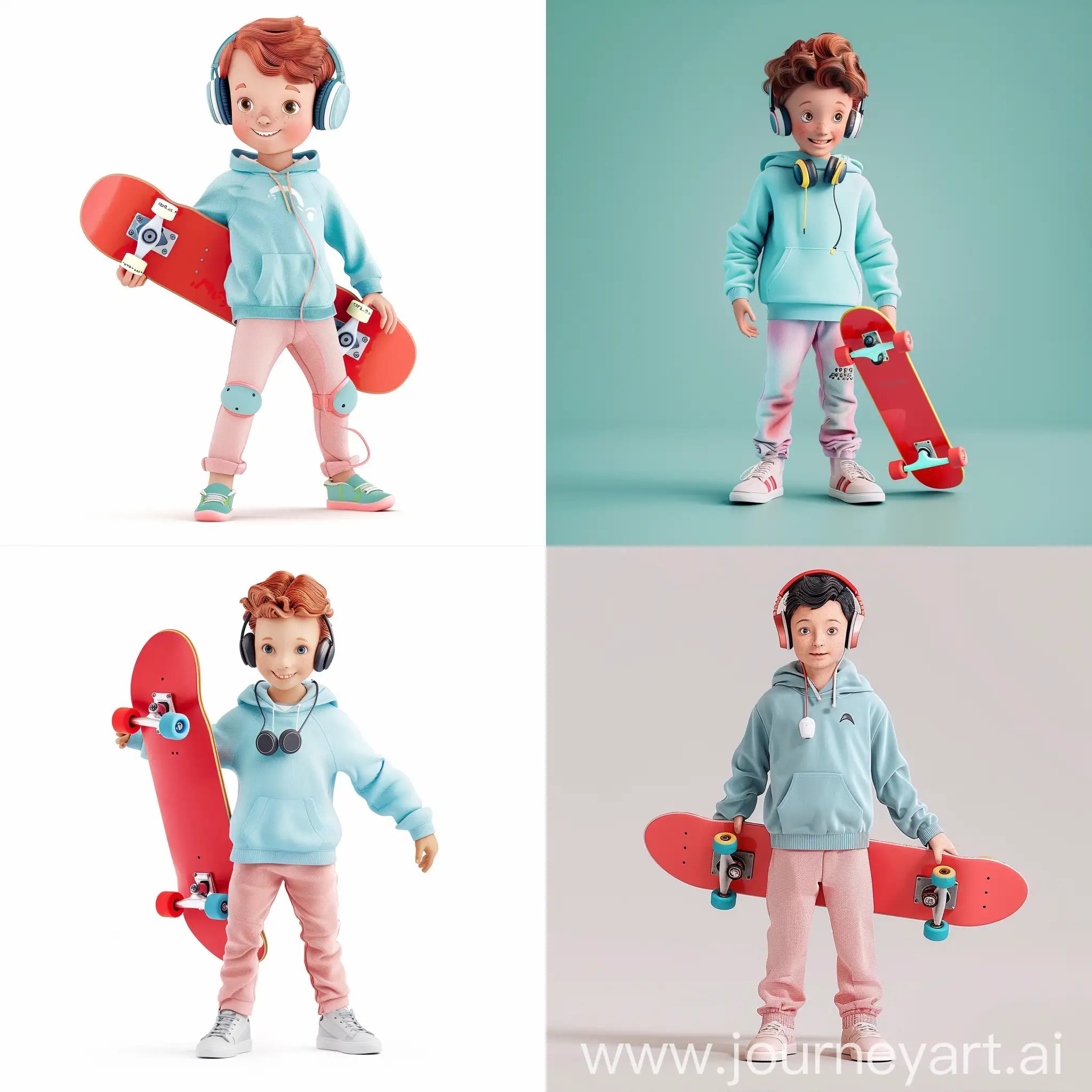有活力的小男孩，脖子上挂着头戴式耳机，手撑着红色滑板，浅蓝色连帽外套，浅粉色裤子,动漫形象