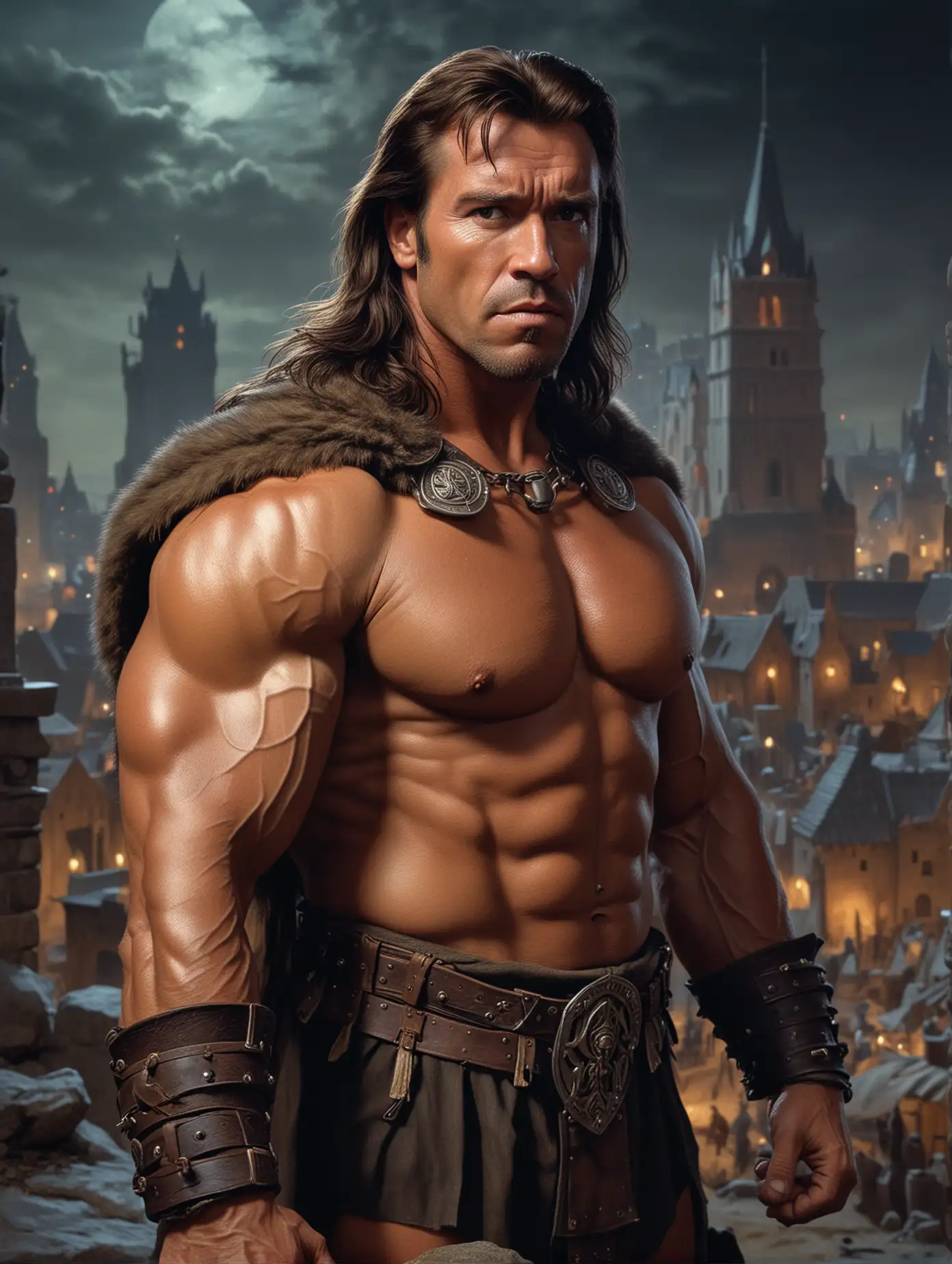 portrait by frazetta of a well built, 1970's Conan the Barbarian, Arnold Schwarzenegger, closeup front, heroic pose,shoulder length short dark hair, folded arms, wearing a conan type medieval outfit, background ancient city night scape, (masterpiece:1.0), (best quality:1.0), flash photography, realistic, dramatic lighting, analog-photo, artstation, concept art, smooth, sharp focus, award winning work