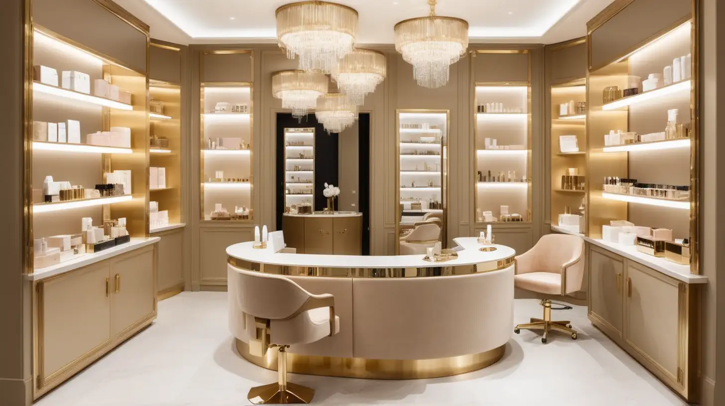 Modern Parisian, elegant beauty treatment boutique; built in brass and suede display storage with beauty products, crystals and wellbeing items displayed; check-in desk; elegant lighting; treatment chair; beige, light oak, brass, ivory colour palette