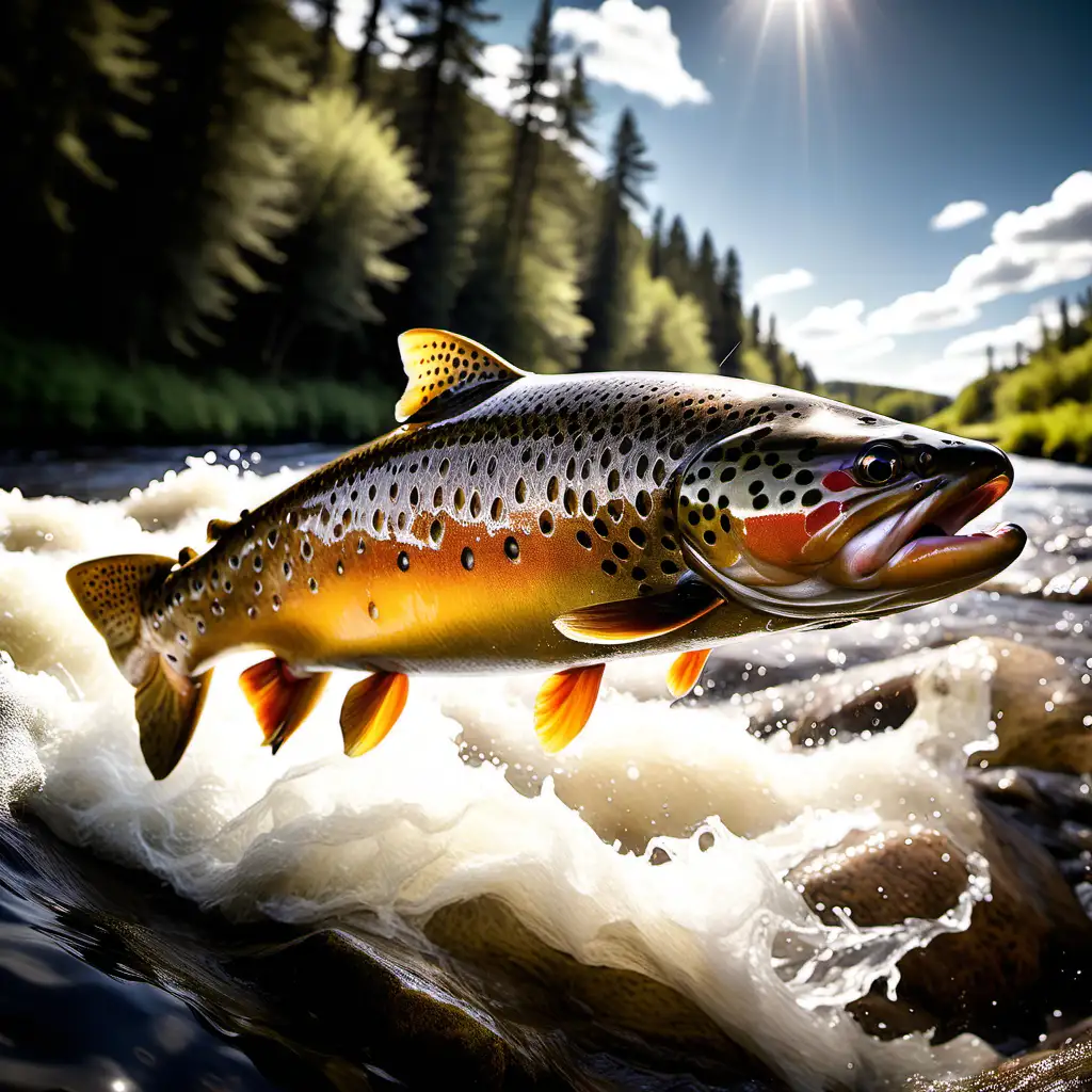 Majestic Brown Trout Leaping in River Stunning Low Angle View