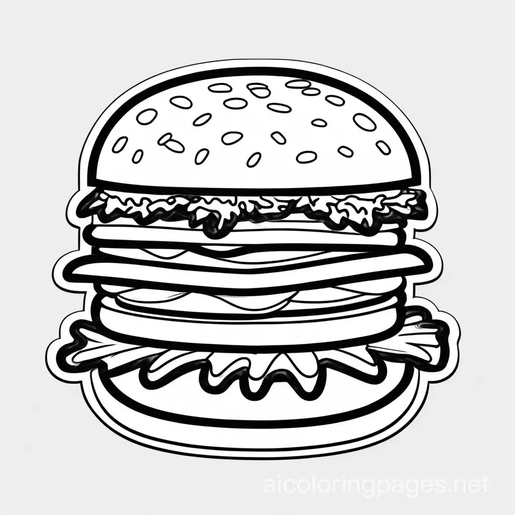 Hamburger bold ligne and easy to coloring
 , Coloring Page, black and white, line art, white background, Simplicity, Ample White Space. The background of the coloring page is plain white to make it easy for young children to color within the lines. The outlines of all the subjects are easy to distinguish, making it simple for kids to color without too much difficulty