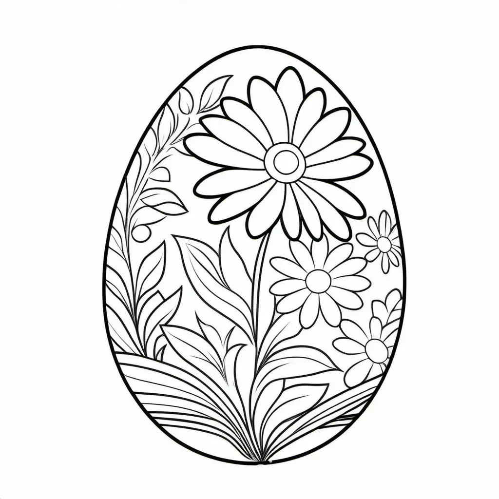 easter egg with flower, Coloring Page, black and white, line art, white background, Simplicity, Ample White Space. The background of the coloring page is plain white to make it easy for young children to color within the lines. The outlines of all the subjects are easy to distinguish, making it simple for kids to color without too much difficulty