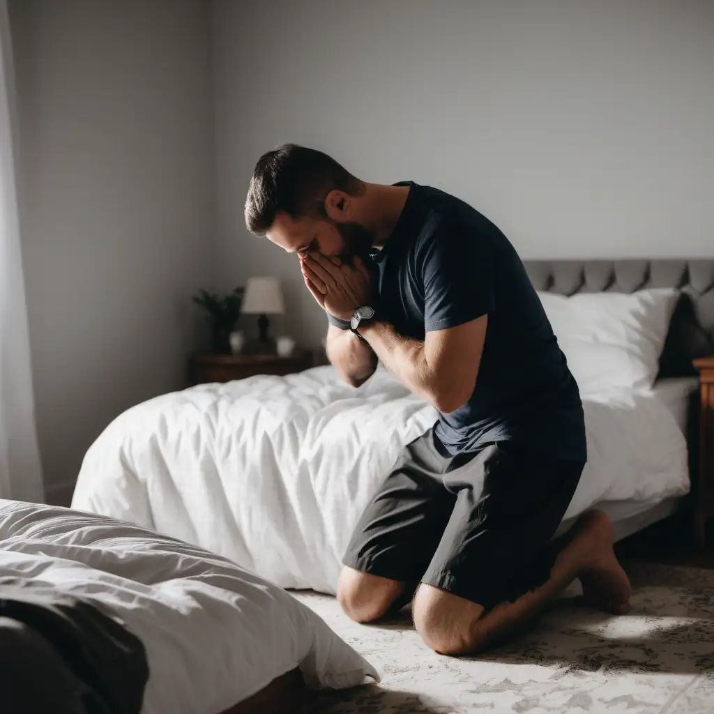 Hombre de rodillas en su habitacion orando a Dios en su cama