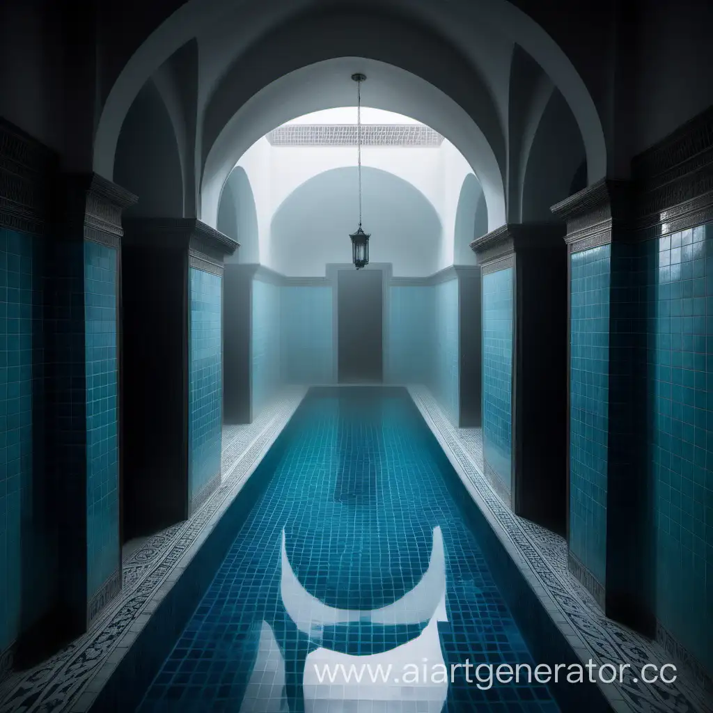 Mysterious-Tiled-Room-with-Foggy-Corridor-and-Enigmatic-Doorway