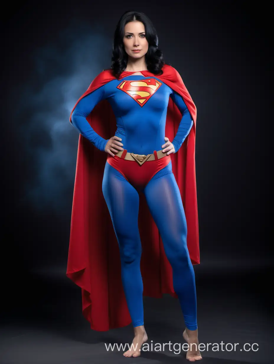 A pretty woman with black hair, age 27, she is confident and strong. She is wearing a Superman costume with (blue leggings), (long blue sleeves), red briefs, and a long flowing cape. She is posed like a superhero, strong and powerful. Bright photo studio. Superman The Movie.