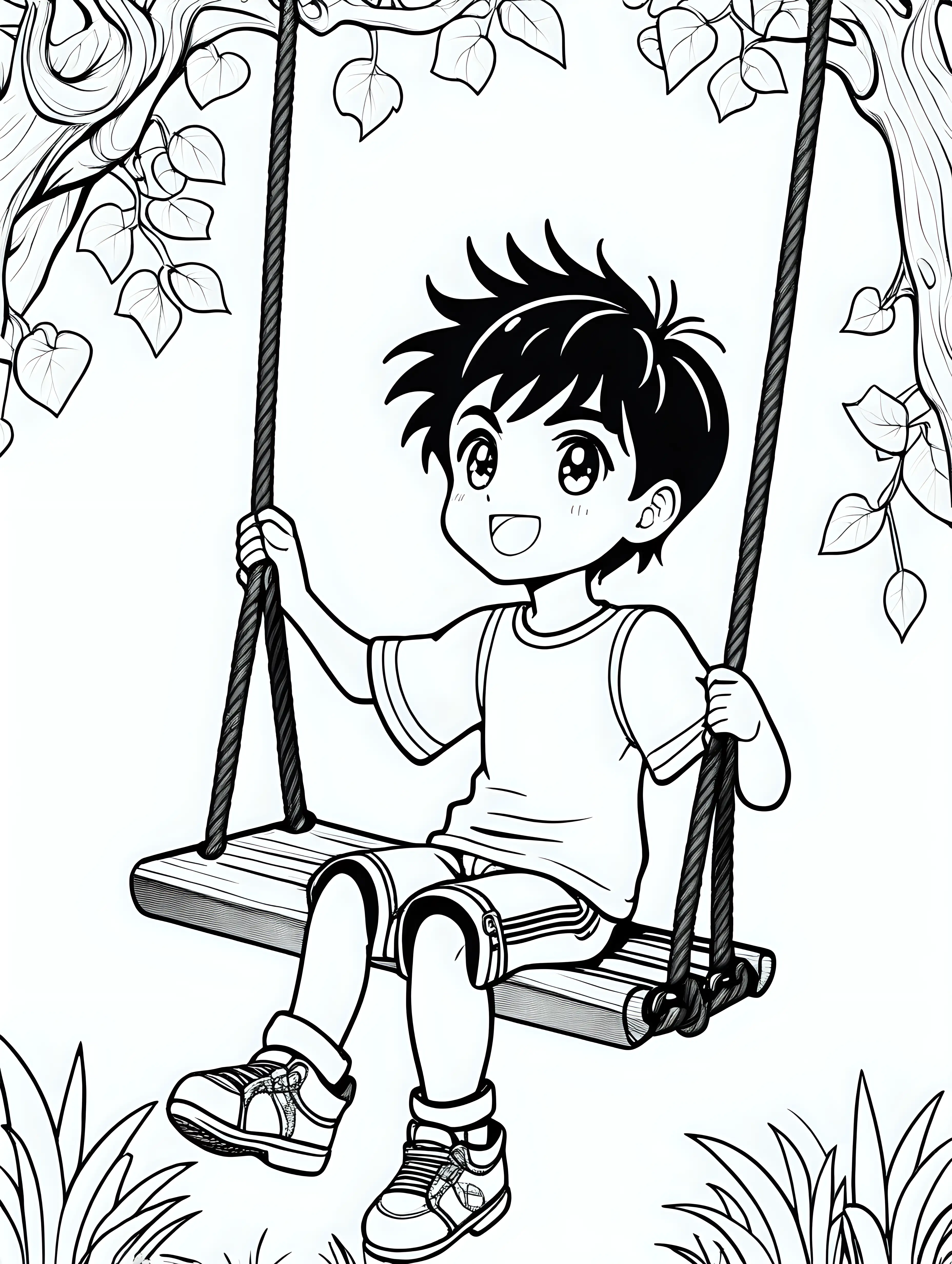 Coloring page for kids, cute manga child boy, the boy is on a swing, black lines white background 
