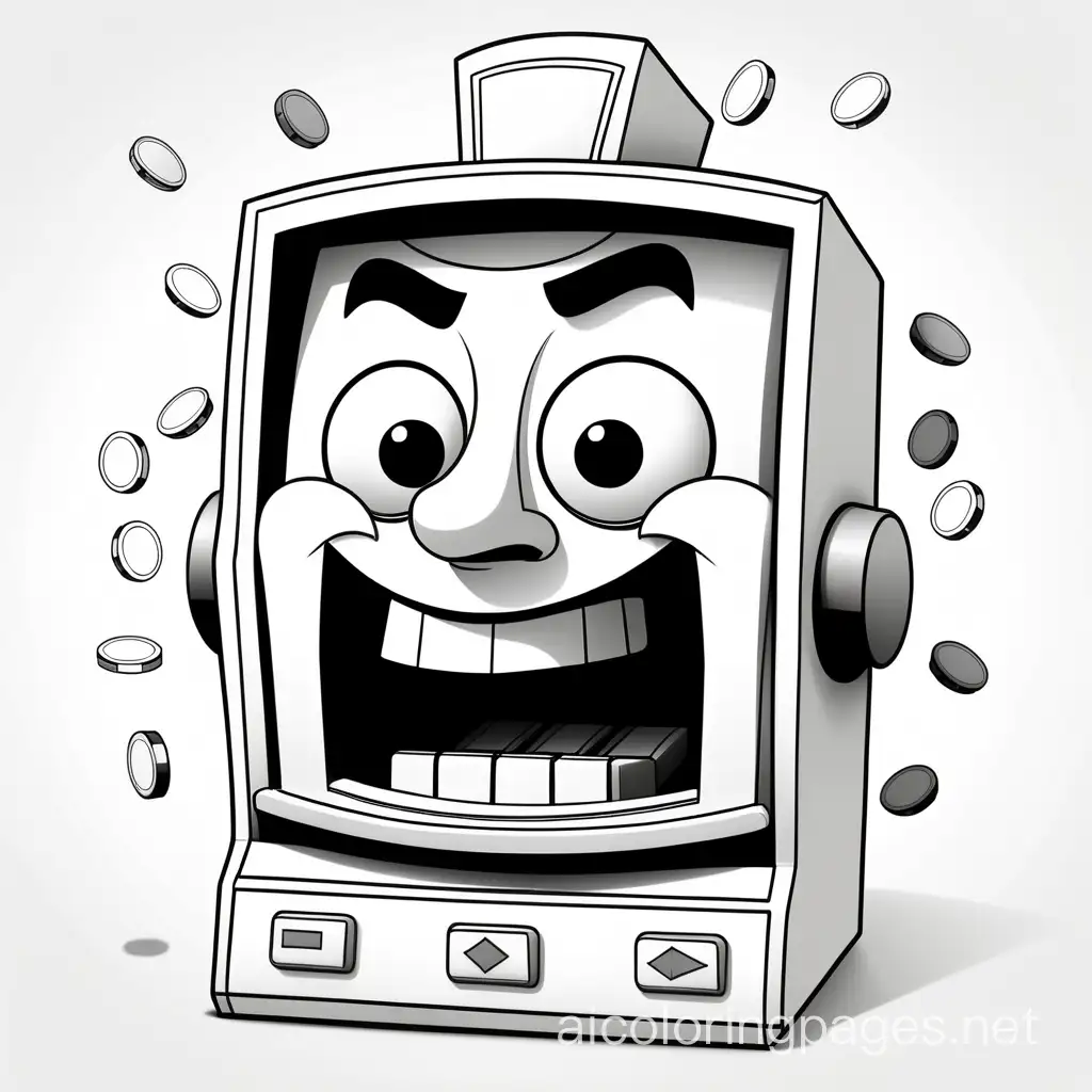 black outlines and white background simple sketch with a lot of what space of a cartoon slot machine falling on a cartoon man's head, Coloring Page, black and white, line art, white background, Simplicity, Ample White Space. The background of the coloring page is plain white to make it easy for young children to color within the lines. The outlines of all the subjects are easy to distinguish, making it simple for kids to color without too much difficulty