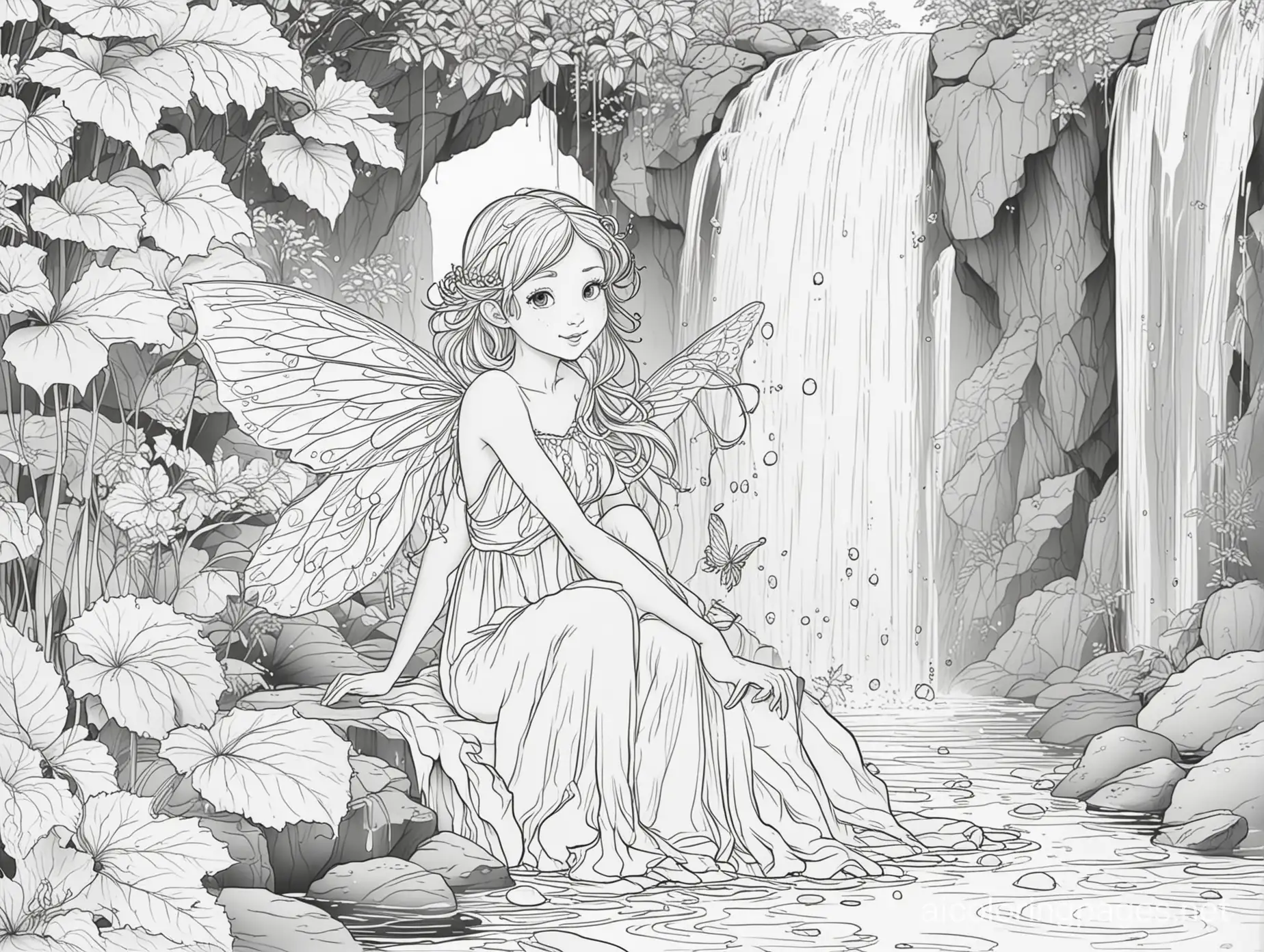 water fairy in a waterfall, Coloring Page, black and white, line art, white background, Simplicity, Ample White Space. The background of the coloring page is plain white to make it easy for young children to color within the lines. The outlines of all the subjects are easy to distinguish, making it simple for kids to color without too much difficulty