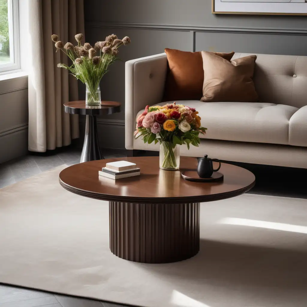 A product photography picture of a brown circle coffee table with a single pedestal fluted base in the centre of a contemporary living room with a vase of flowers on top of it.