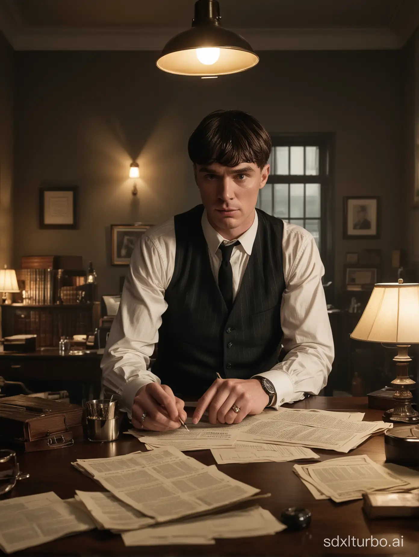 Create an image of Thomas Shelby setting in his office behind his desk with papers unfolded busy working on his multi-million british pound business wirh 100k stacks around him at night. The room is dimly lit by his Lamp beside him. Thomas is looking straight into the camera, his face illuminated, showing determination and focus. To his side, there's his gun that he always carry with him, ready to be used. The room's décor is hus office from his series Peaky Blinders, with visible pictures of him in the background. The overall ambiance of the image should convey a sense of dedication, creativity, and a connection to business.