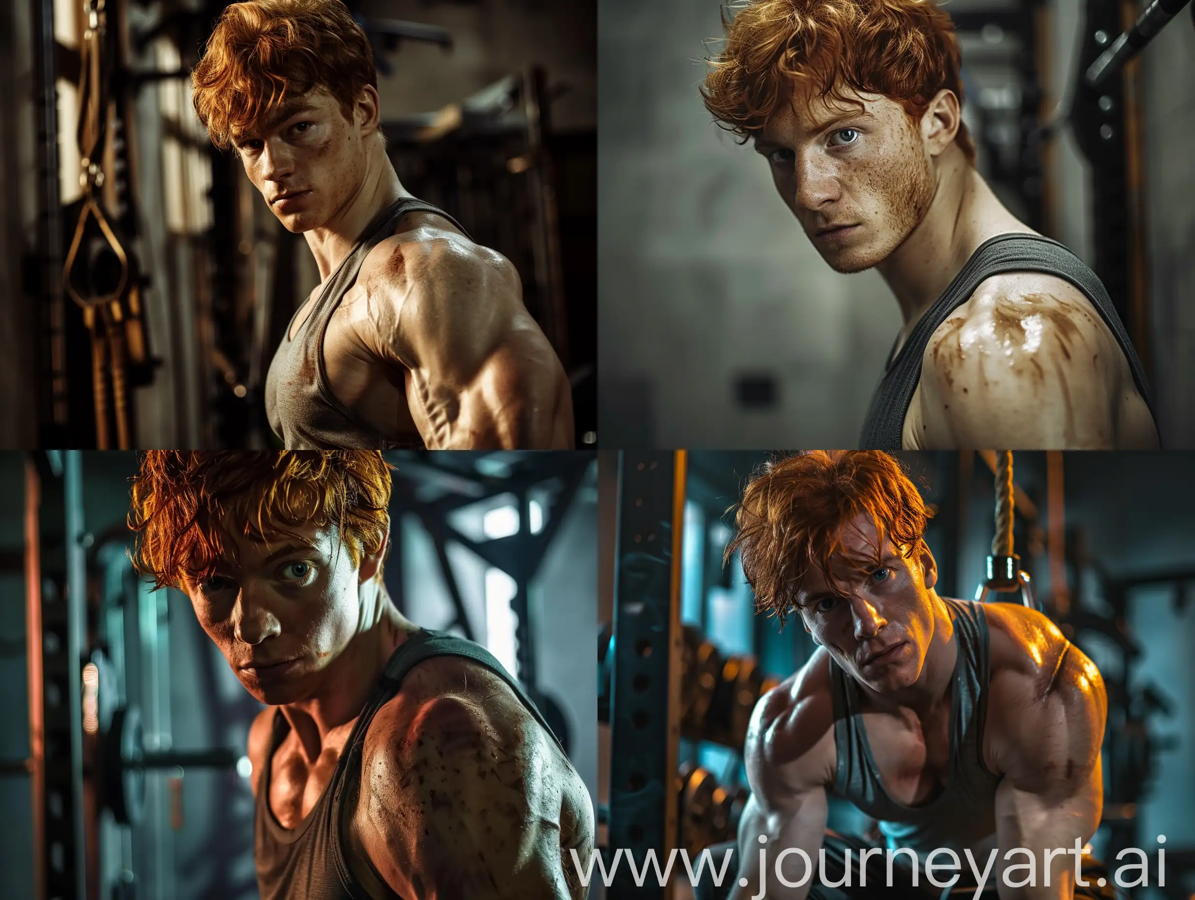 George Weasley's character from the Harry Potter movie, with a fit and muscular body, in the corner of the gym, wearing sports clothes, look at the camera, Magicians gym background, realistic, cinematic lighting, q2