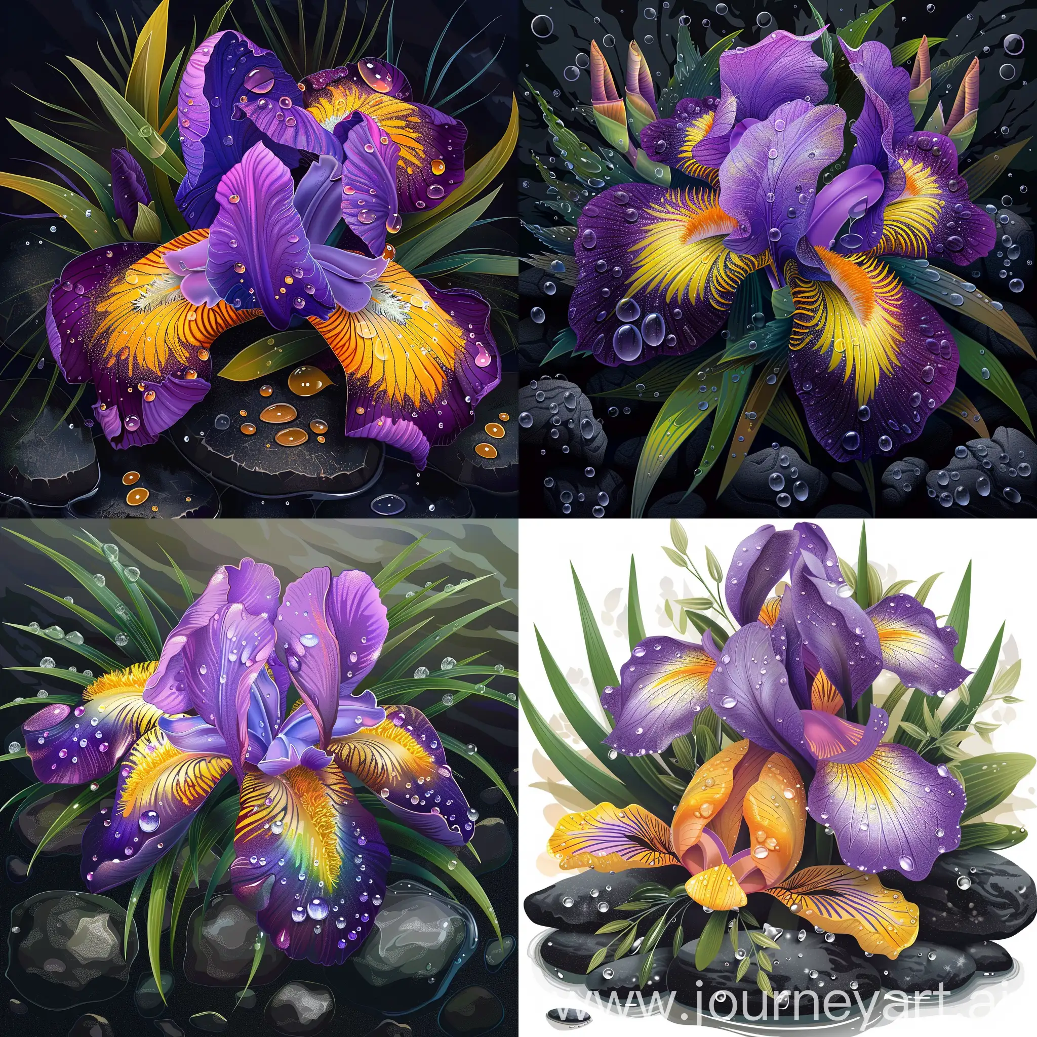 large Iris flowers, bright purple and bright yellow with greenery, sitting on black rocks, water droplets, centered, in vector style,