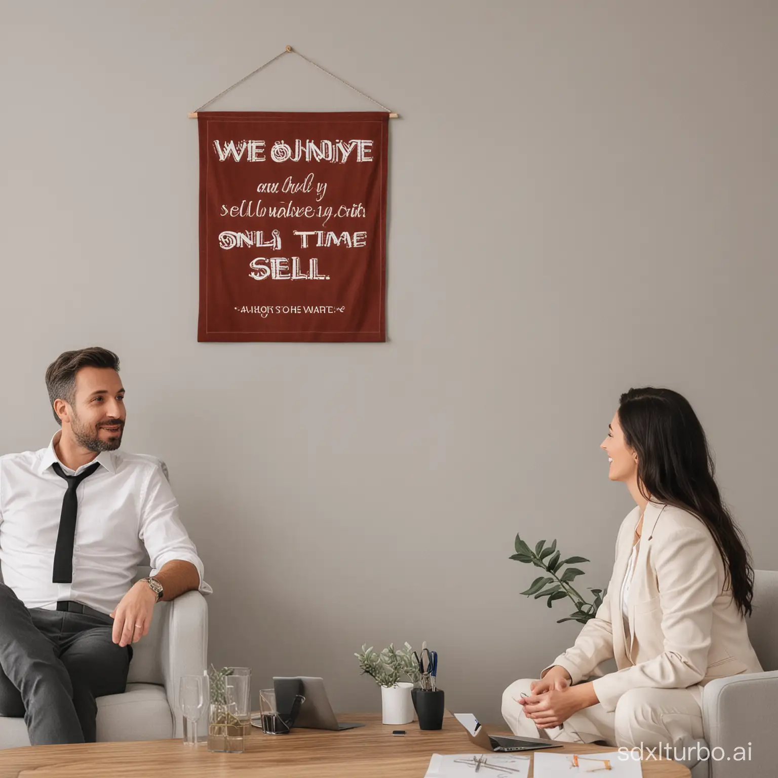 A PROFESSIONAL SITTING WITH CLIENT AND A WALL HANGING IN THE BACKGROUND SAYING WE ONLY HAVE TIME TO SELL