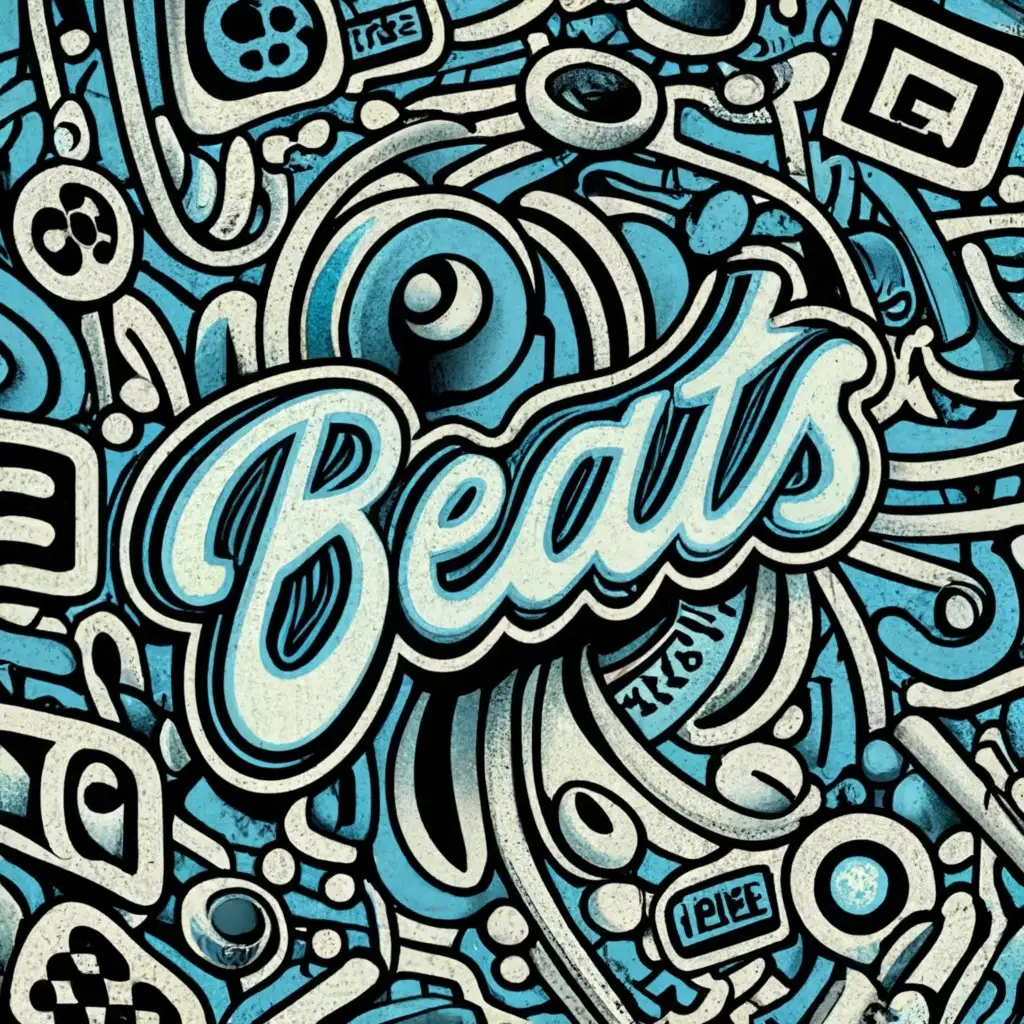 logo, logo, pills, relaxation, broken letters and numbers, space, atmosphere, nature, in the style of comics, in the style of acid Art Nouveau, a pleasant background in calm and noticeable patterns, only the cold colors of the entire logo are typically blue and black, 2023 drumkit, with the text "beats", typography, be used in Technology industry